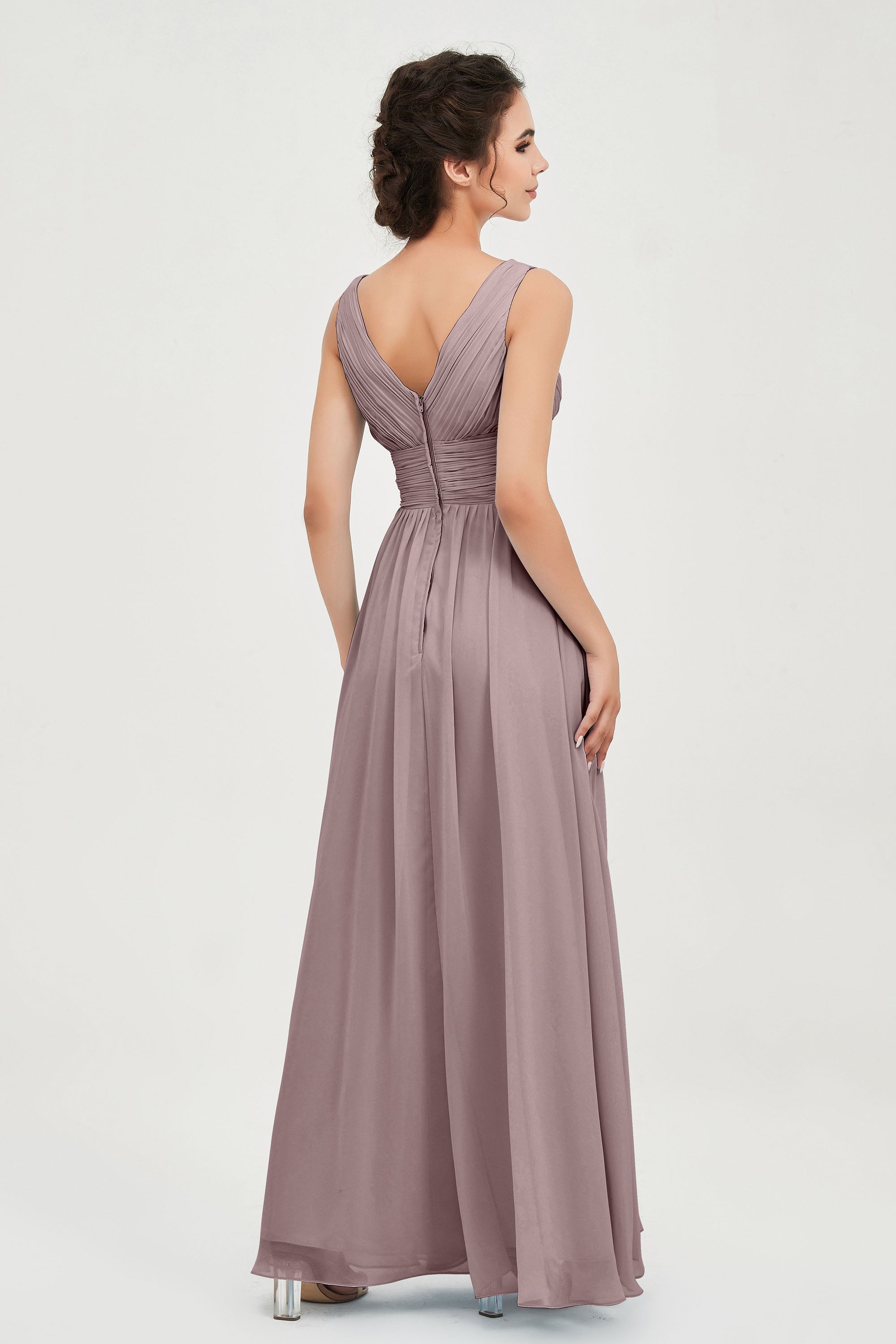 V Neck Natural Chiffon Bridesmaid Dress with Ruched Pleated Formal Evening Dresses Gowns
