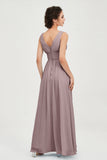V Neck Natural Chiffon Bridesmaid Dress with Ruched Pleated Formal Evening Dresses Gowns