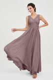 V Neck Natural Chiffon Bridesmaid Dress with Ruched Pleated Formal Evening Dresses Gowns