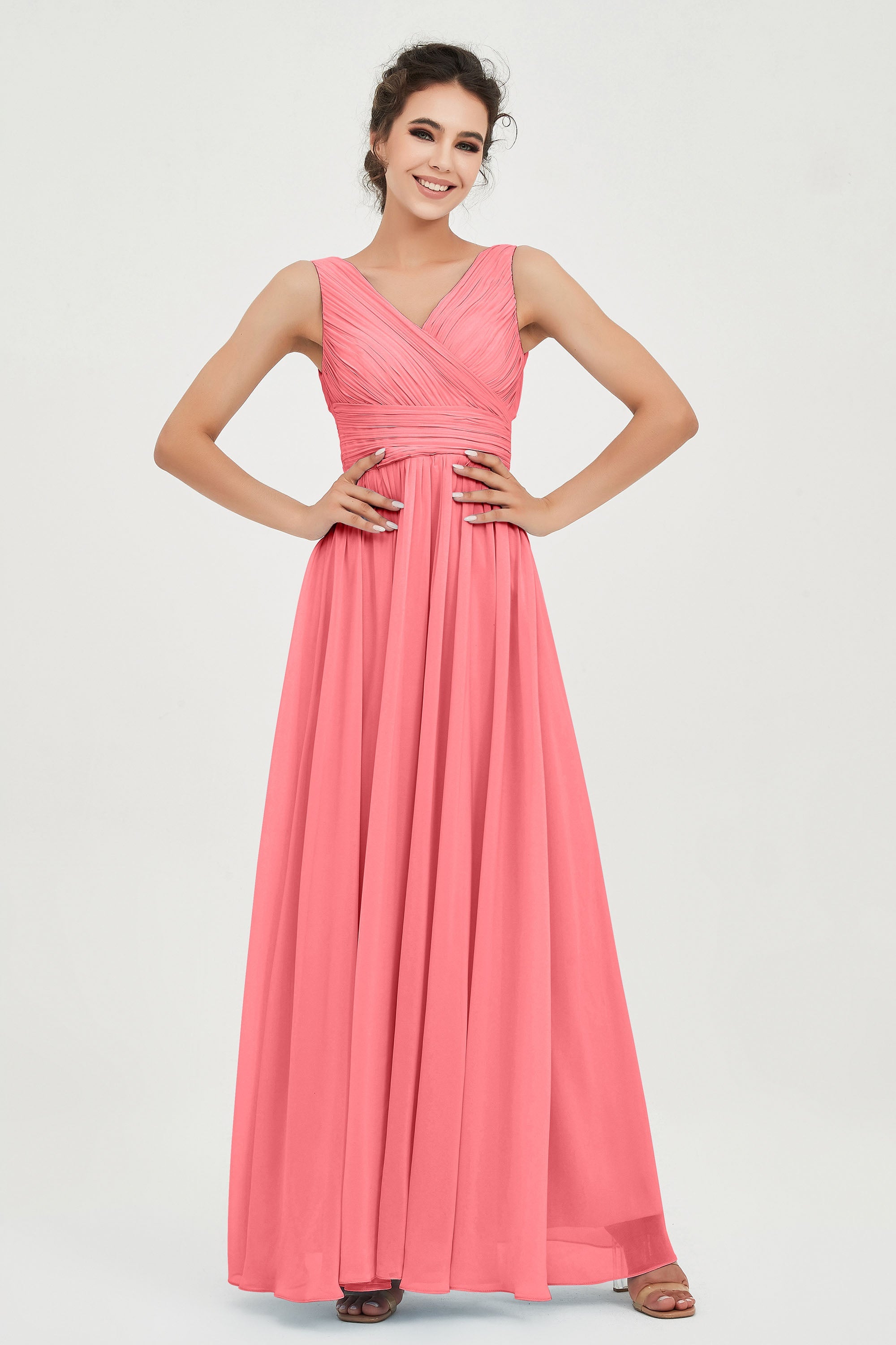 V Neck Natural Chiffon Bridesmaid Dress with Ruched Pleated Formal Evening Dresses Gowns