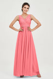 V Neck Natural Chiffon Bridesmaid Dress with Ruched Pleated Formal Evening Dresses Gowns