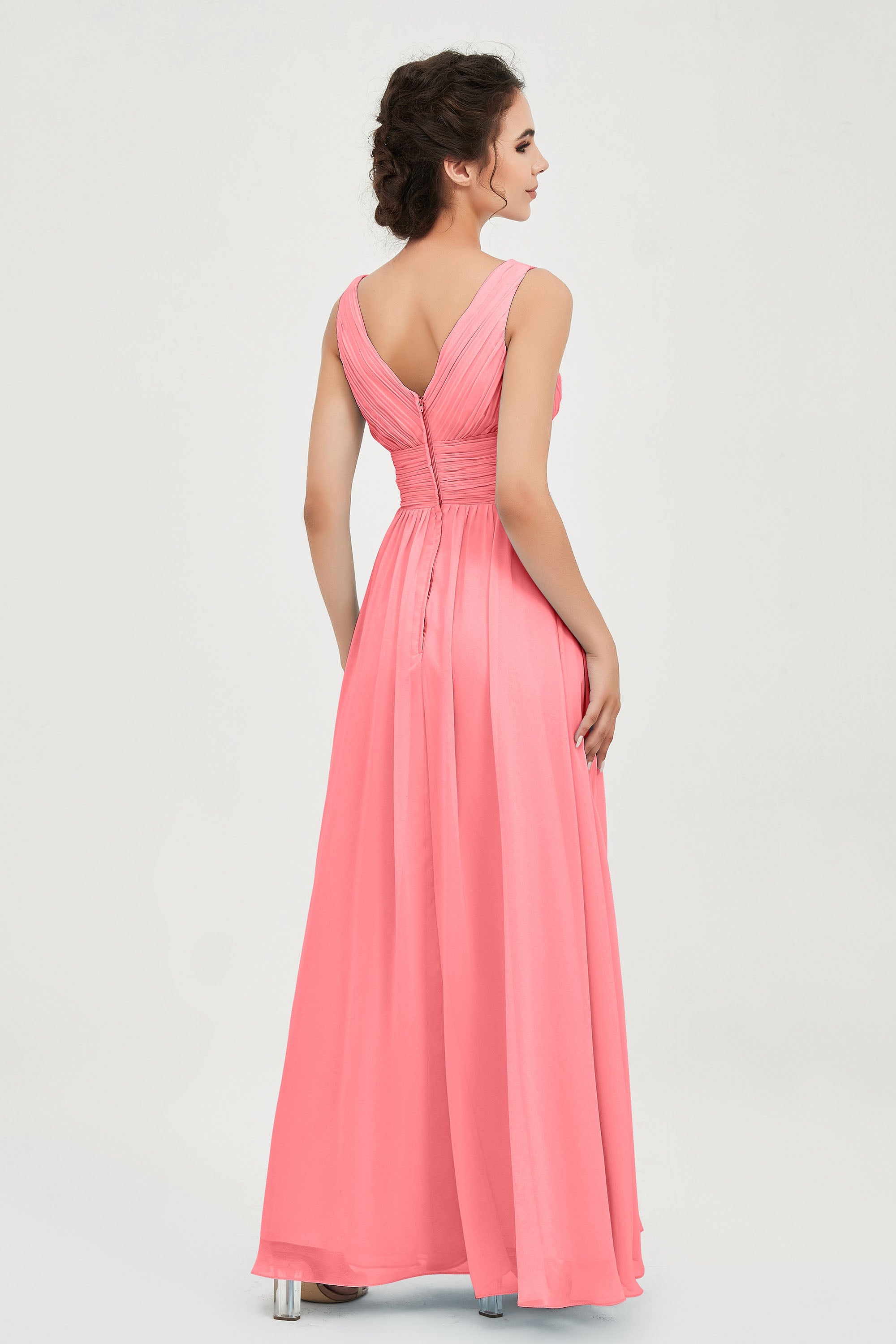 V Neck Natural Chiffon Bridesmaid Dress with Ruched Pleated Formal Evening Dresses Gowns
