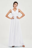 V Neck Natural Chiffon Bridesmaid Dress with Ruched Pleated Formal Evening Dresses Gowns