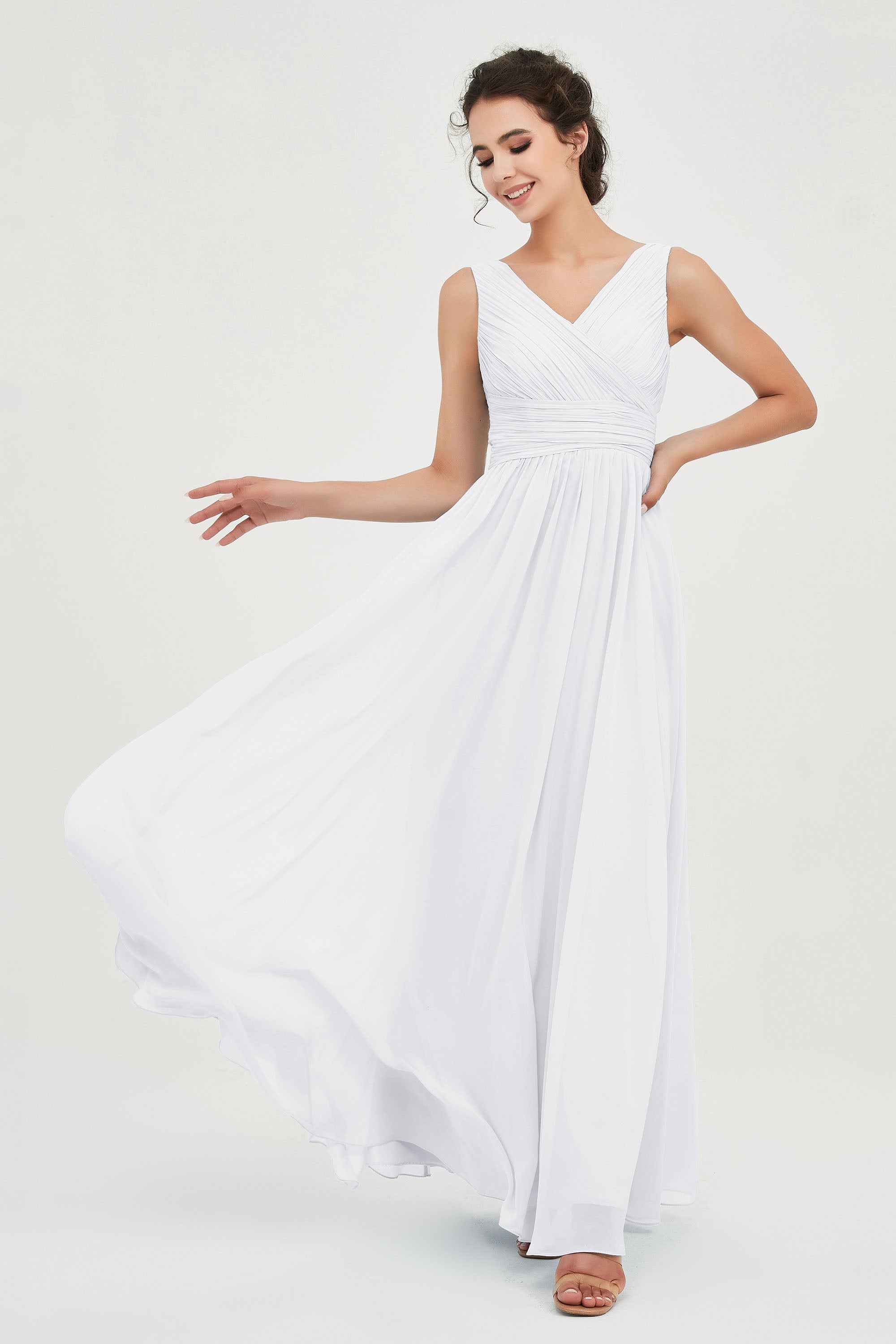 V Neck Natural Chiffon Bridesmaid Dress with Ruched Pleated Formal Evening Dresses Gowns