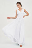 V Neck Natural Chiffon Bridesmaid Dress with Ruched Pleated Formal Evening Dresses Gowns