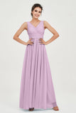V Neck Natural Chiffon Bridesmaid Dress with Ruched Pleated Formal Evening Dresses Gowns