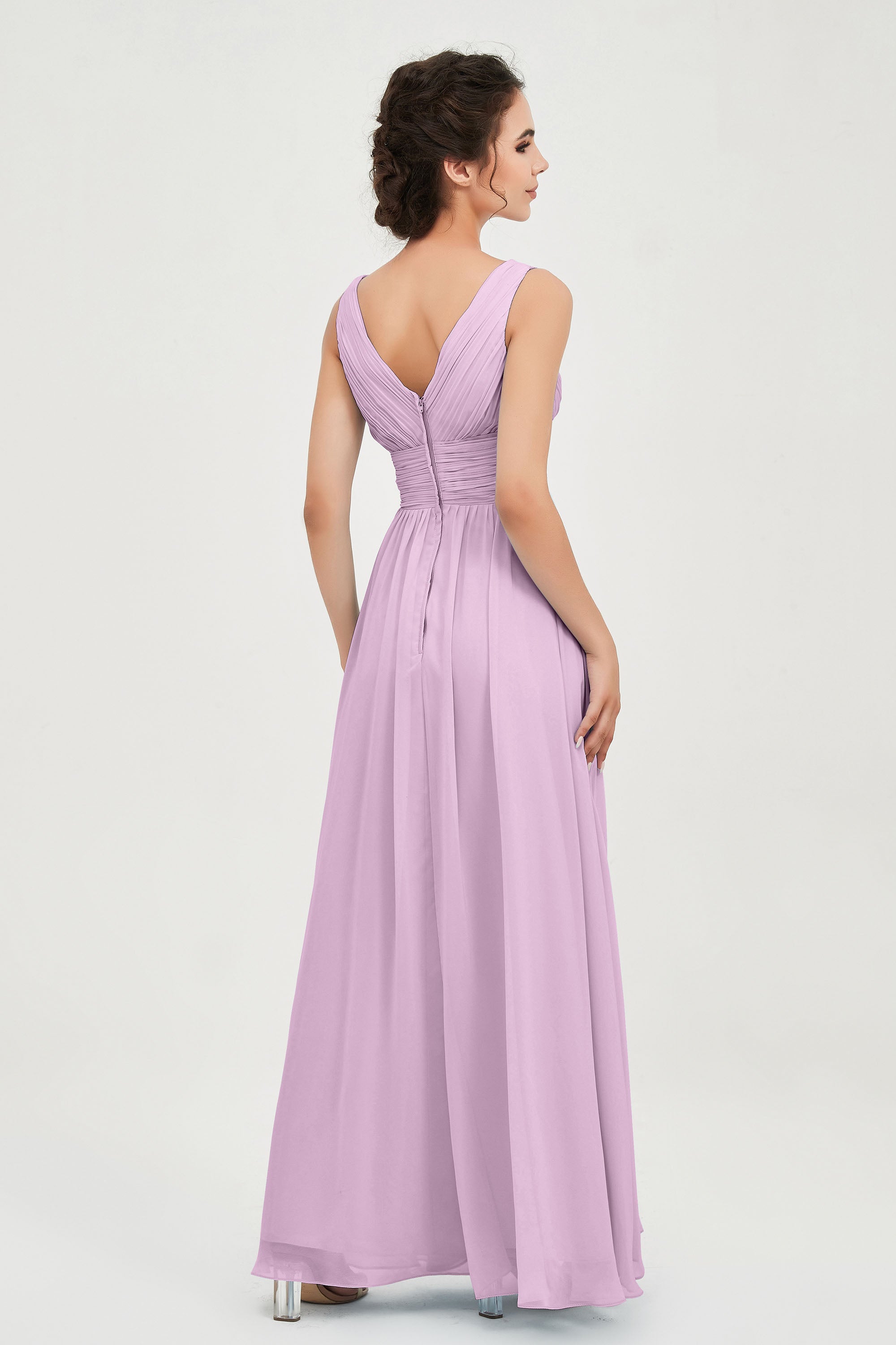 V Neck Natural Chiffon Bridesmaid Dress with Ruched Pleated Formal Evening Dresses Gowns