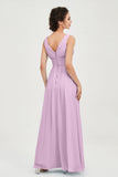 V Neck Natural Chiffon Bridesmaid Dress with Ruched Pleated Formal Evening Dresses Gowns