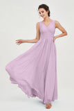 V Neck Natural Chiffon Bridesmaid Dress with Ruched Pleated Formal Evening Dresses Gowns