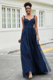 A-Linie Tüll Ballkleid mit Applikationen und Schleppe, mit Schlitz, formelle Abendkleider
