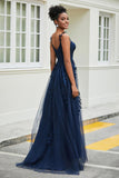 A-Linie Tüll Ballkleid mit Applikationen und Schleppe, mit Schlitz, formelle Abendkleider