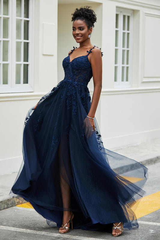 A-Linie Tüll Ballkleid mit Applikationen und Schleppe, mit Schlitz, formelle Abendkleider