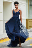 A-Linie Tüll Ballkleid mit Applikationen und Schleppe, mit Schlitz, formelle Abendkleider