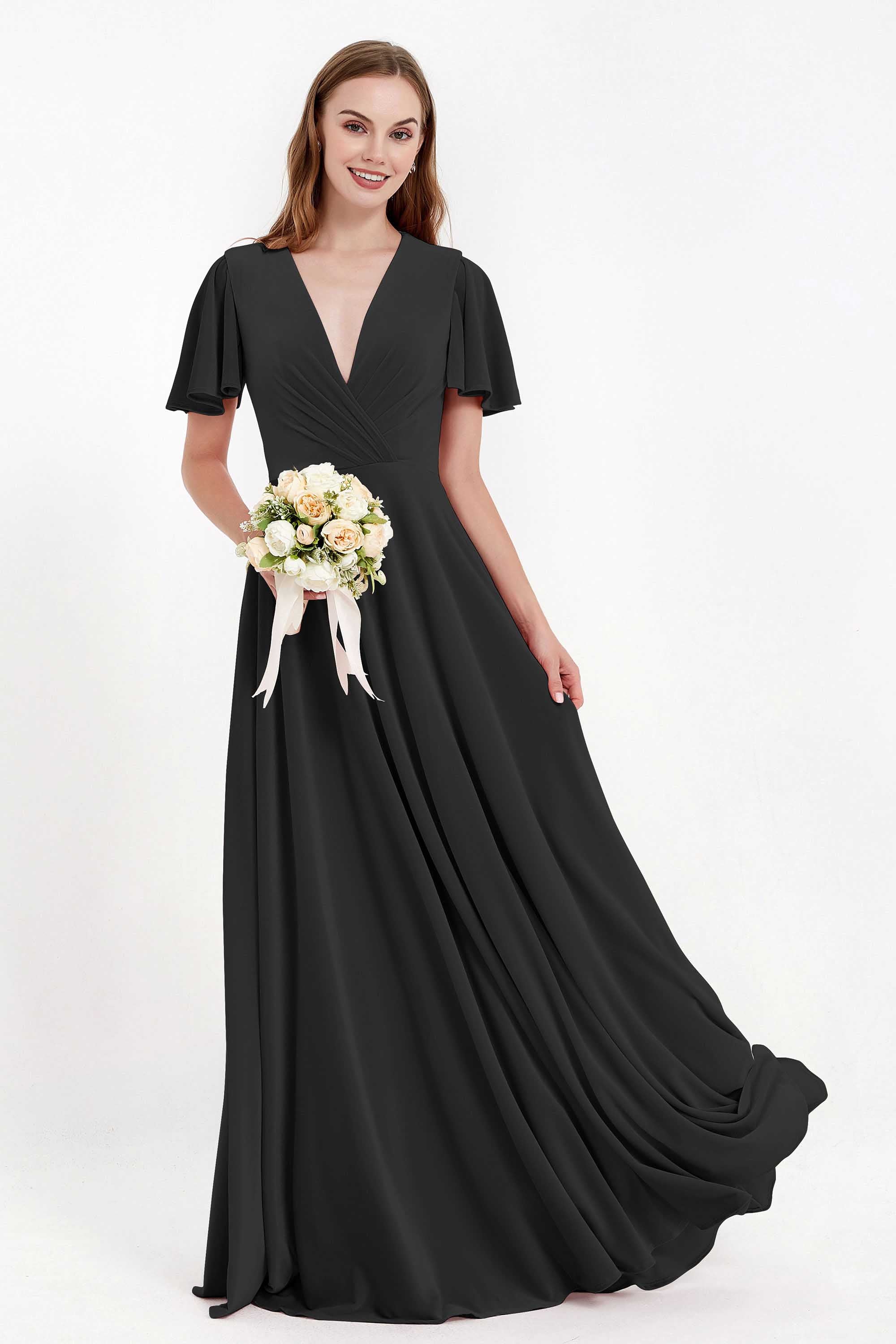 Velvet Women's Formal Evening Dresses Flutter Sleeves Mother of the Bride Dress Gowns