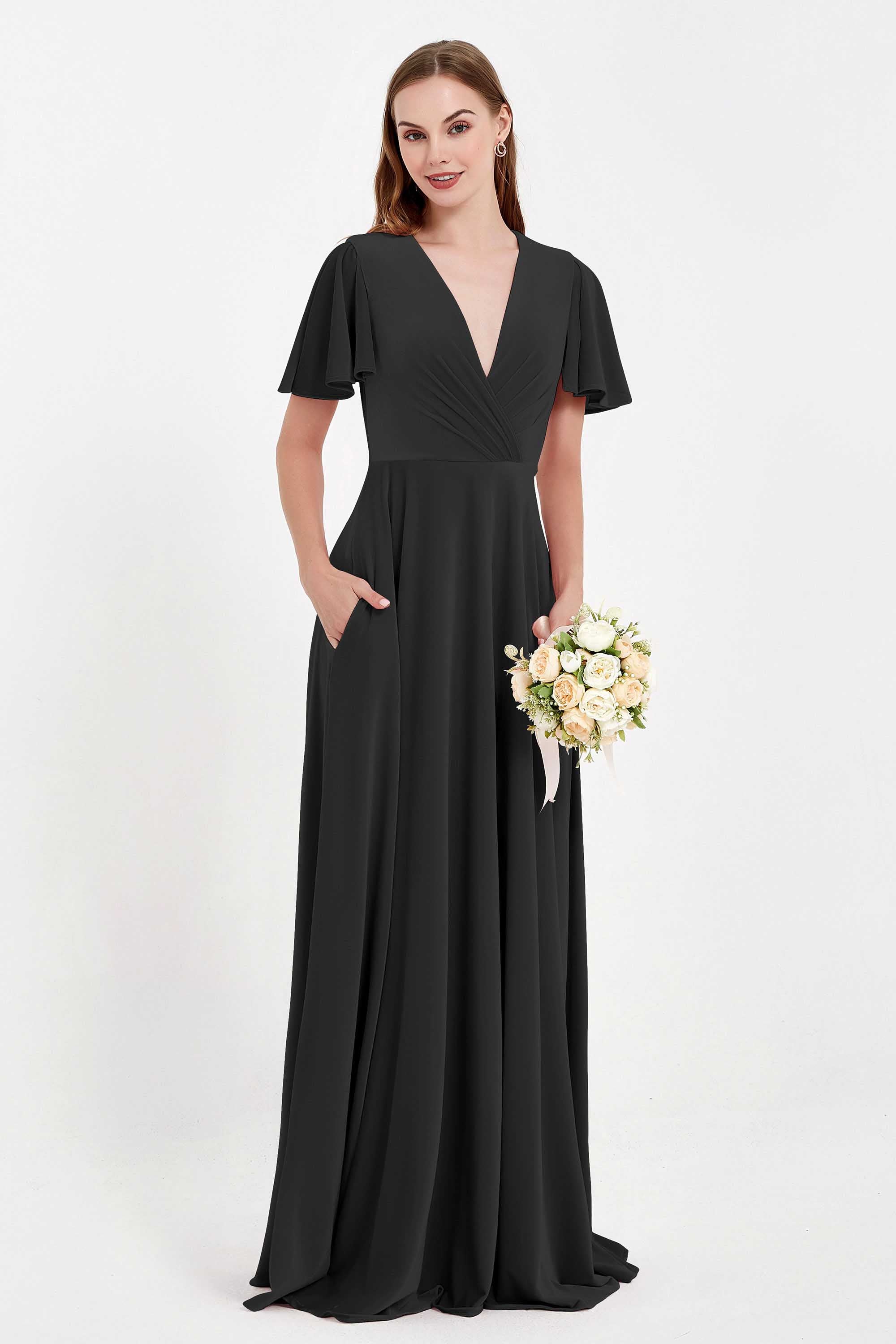 Velvet Women's Formal Evening Dresses Flutter Sleeves Mother of the Bride Dress Gowns