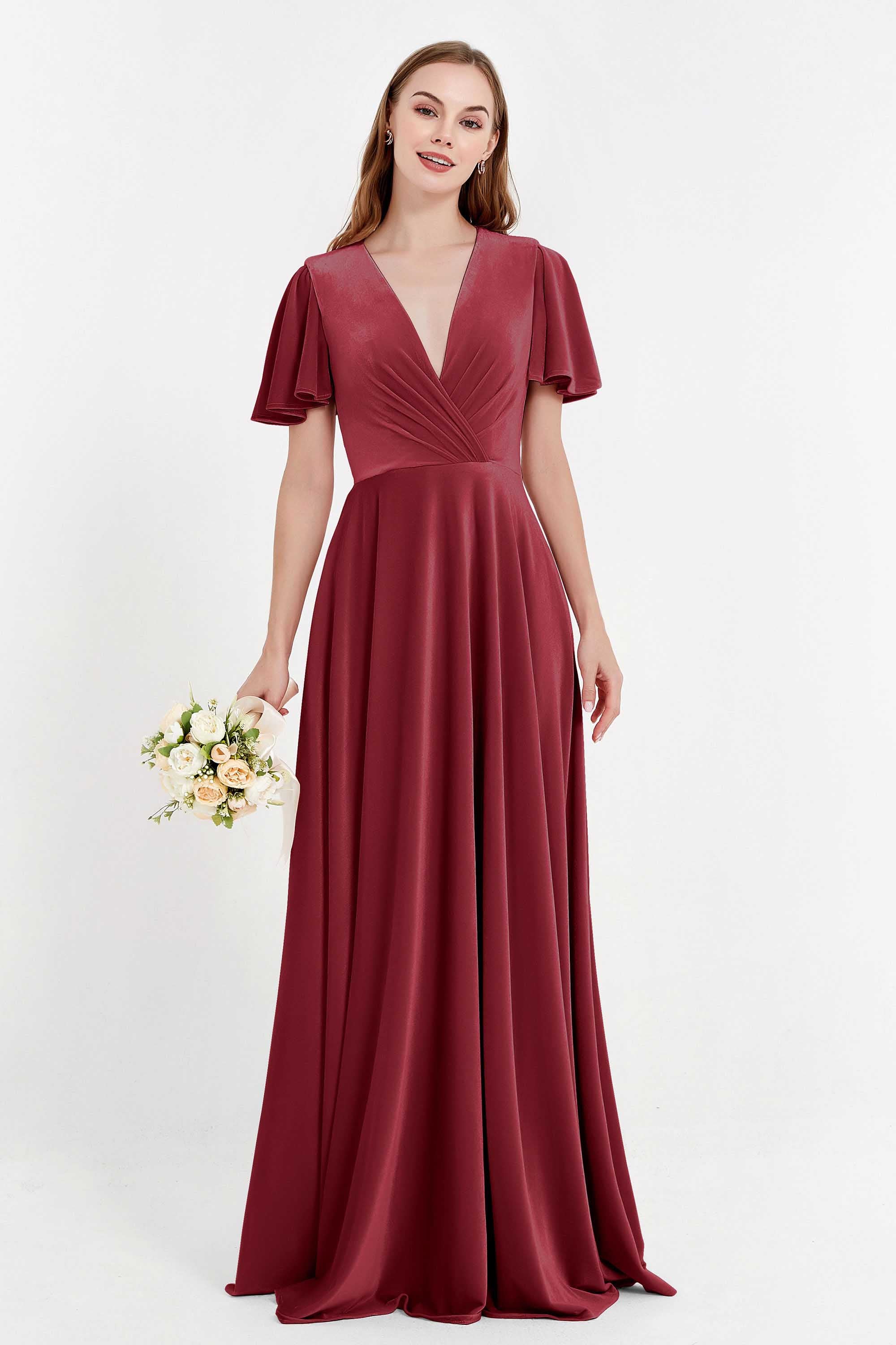 Velvet Women's Formal Evening Dresses Flutter Sleeves Mother of the Bride Dress Gowns