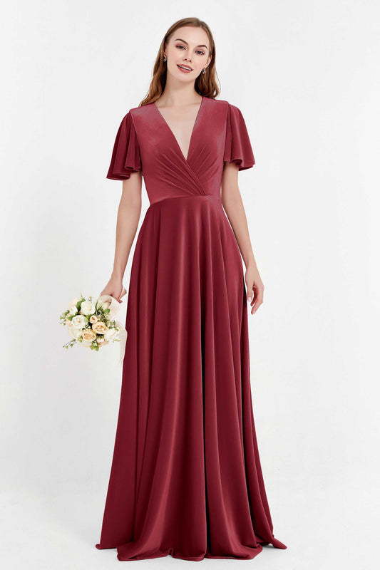 Velvet Women's Formal Evening Dresses Flutter Sleeves Mother of the Bride Dress Gowns
