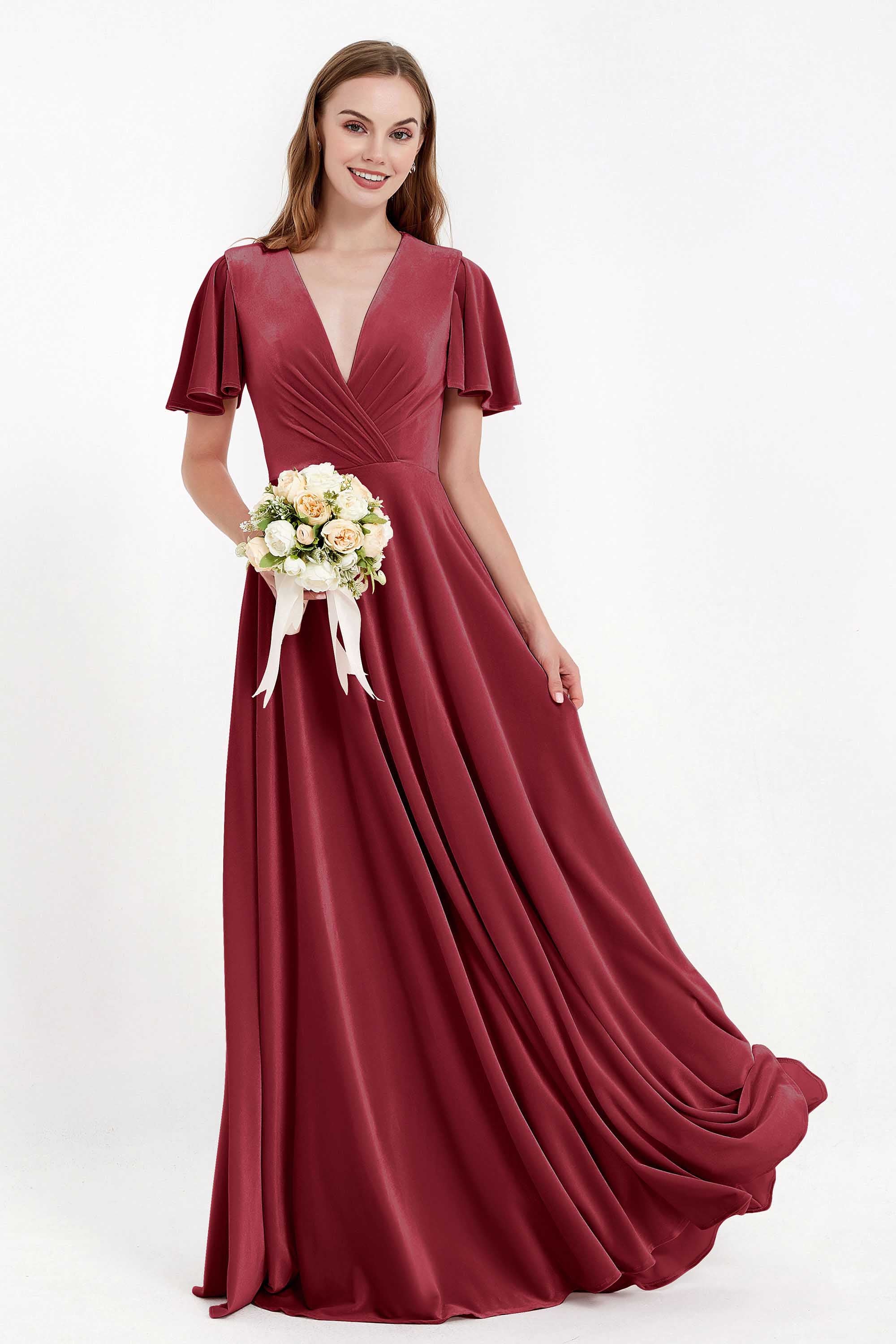 Velvet Women's Formal Evening Dresses Flutter Sleeves Mother of the Bride Dress Gowns