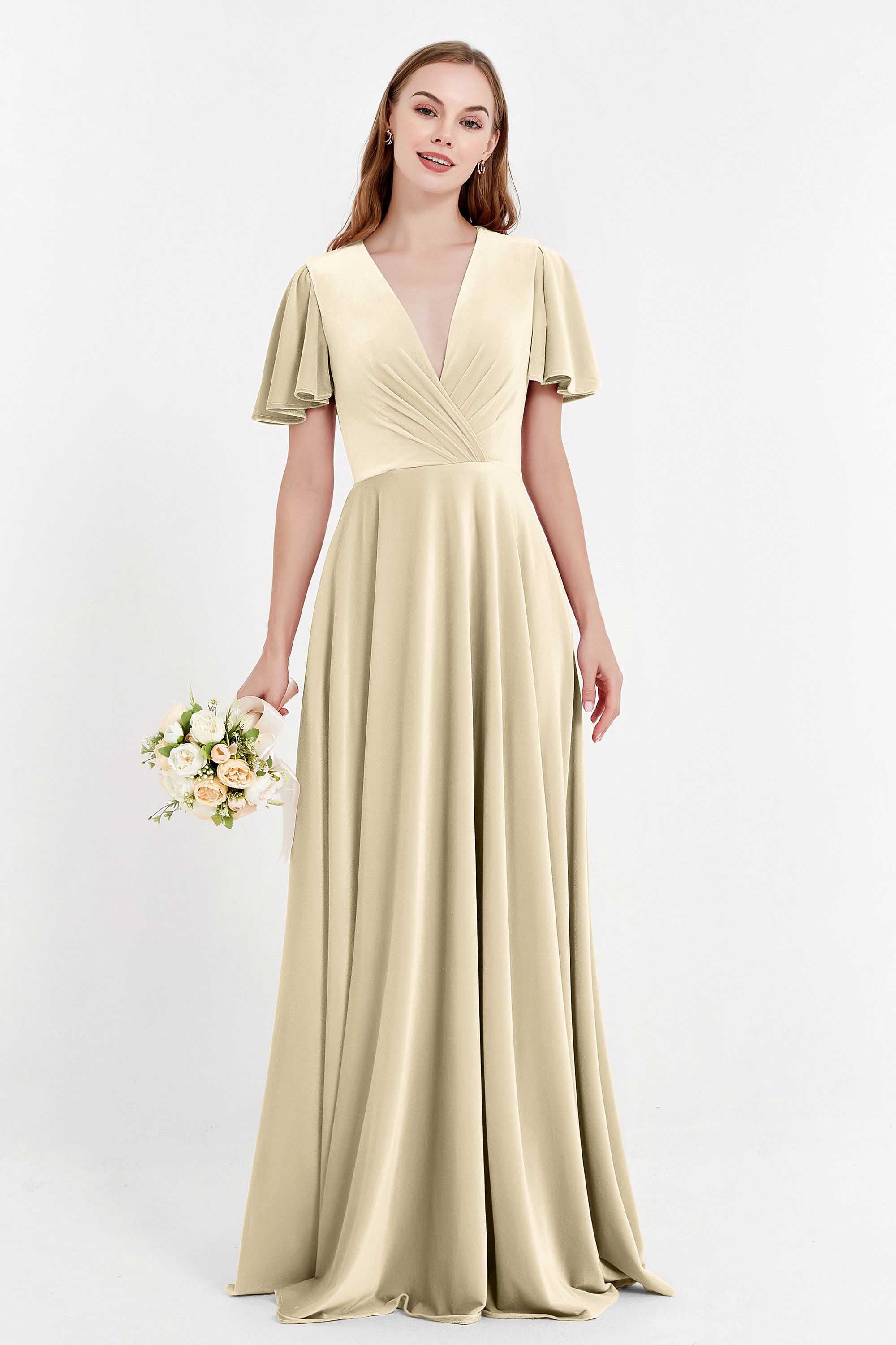 Velvet Women's Formal Evening Dresses Flutter Sleeves Mother of the Bride Dress Gowns