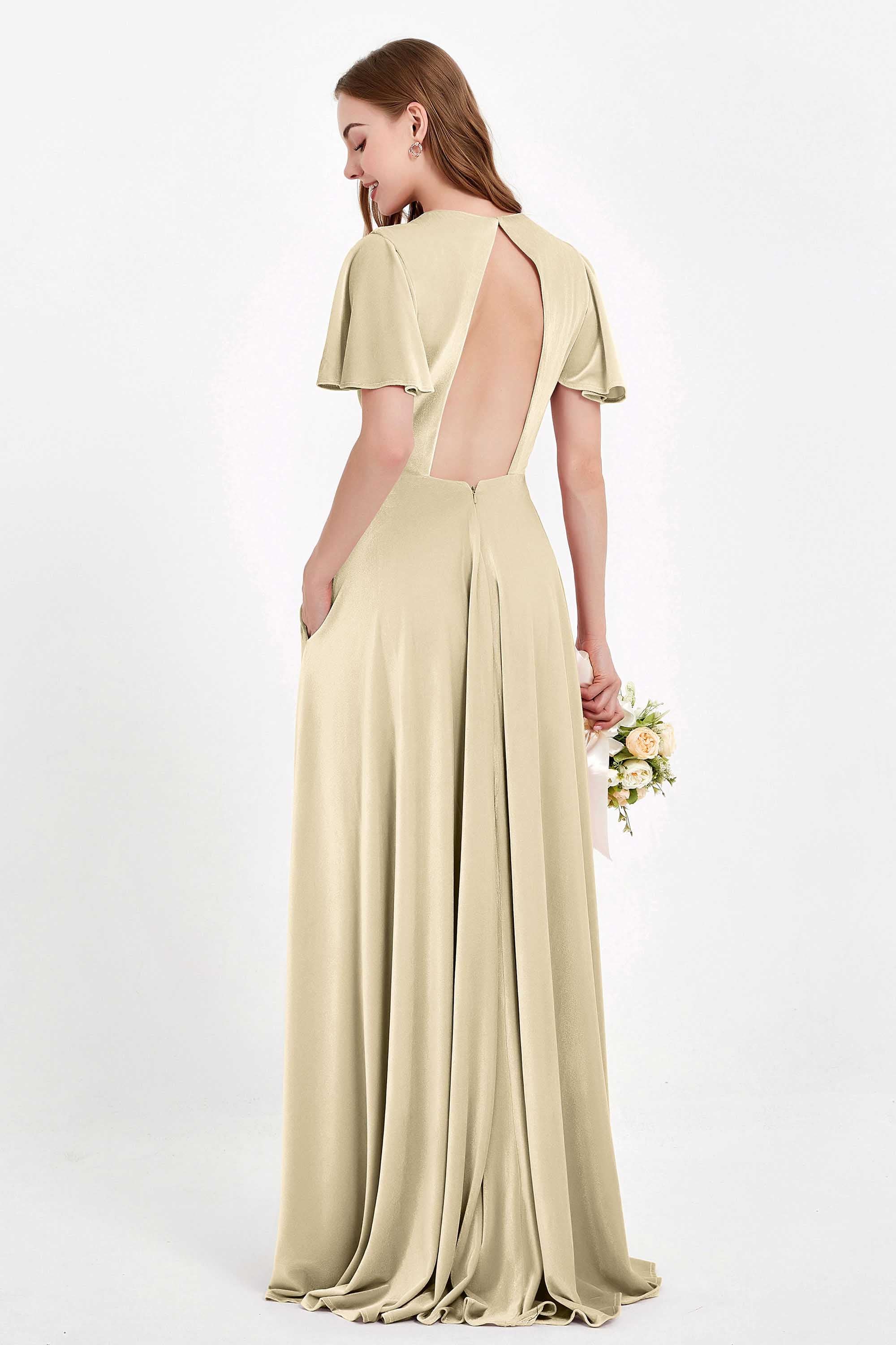 Velvet Women's Formal Evening Dresses Flutter Sleeves Mother of the Bride Dress Gowns