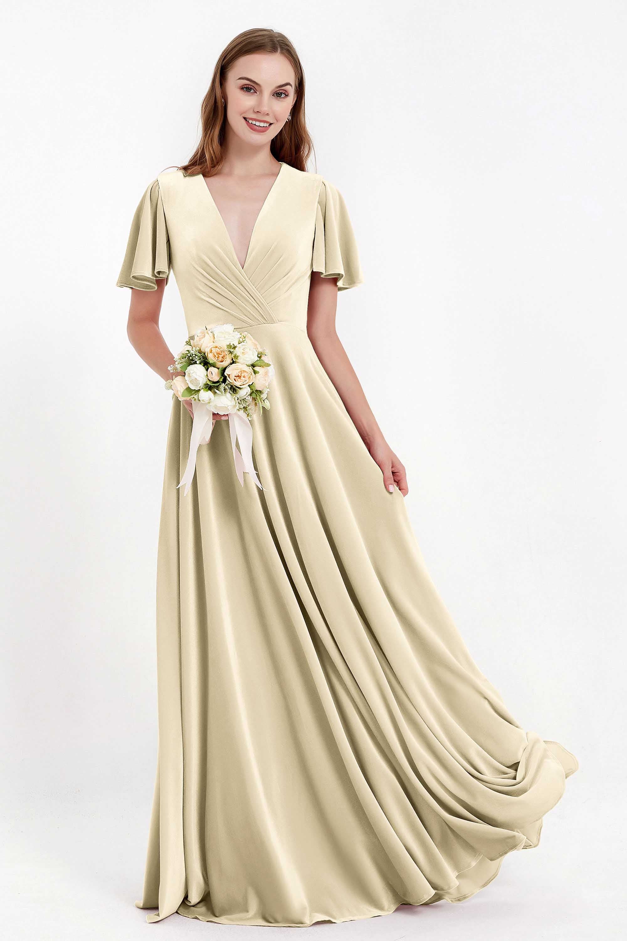 Velvet Women's Formal Evening Dresses Flutter Sleeves Mother of the Bride Dress Gowns
