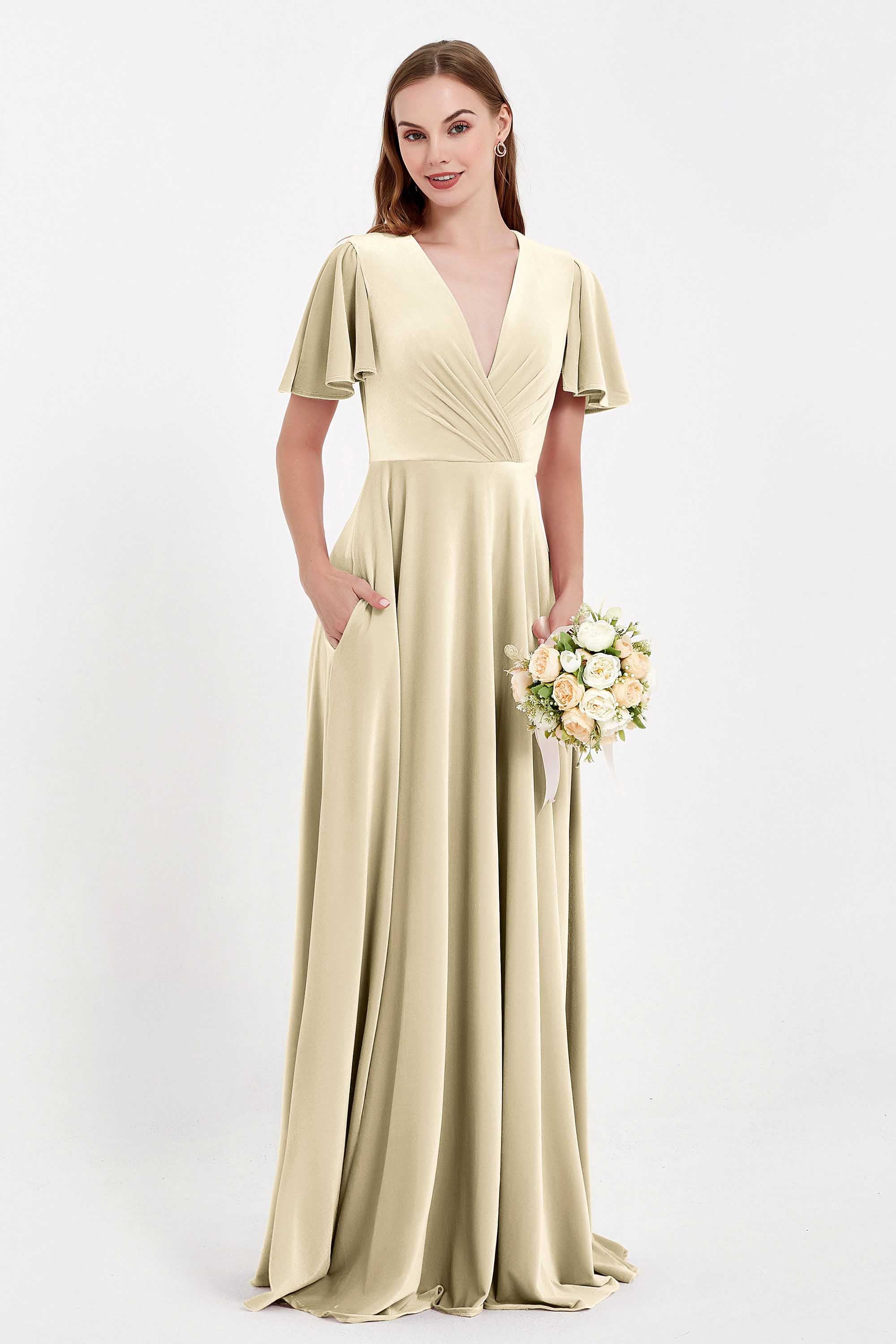 Velvet Women's Formal Evening Dresses Flutter Sleeves Mother of the Bride Dress Gowns