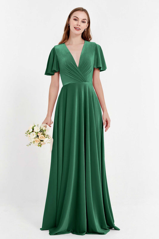 Velvet Women's Formal Evening Dresses Flutter Sleeves Mother of the Bride Dress Gowns