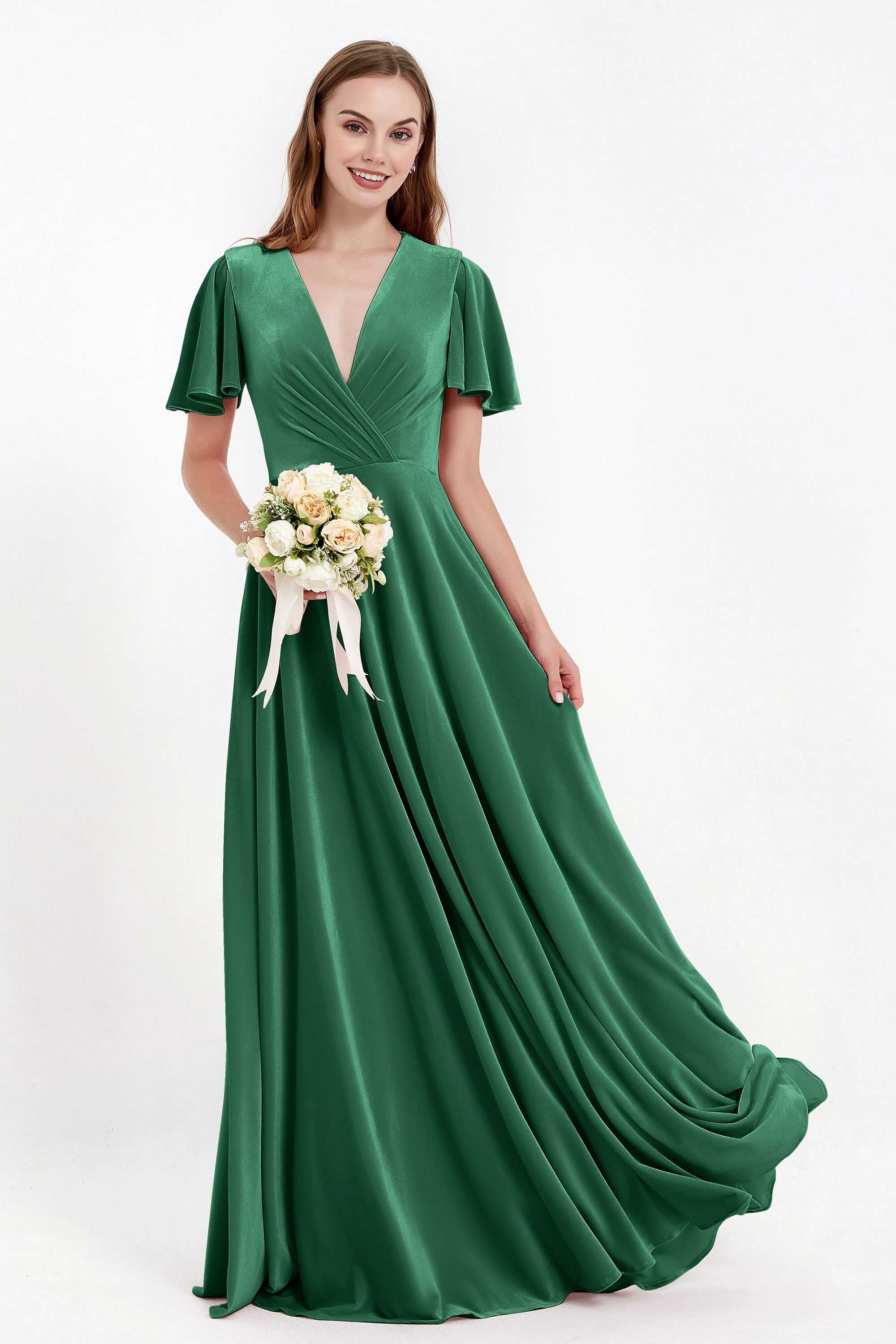 Velvet Women's Formal Evening Dresses Flutter Sleeves Mother of the Bride Dress Gowns