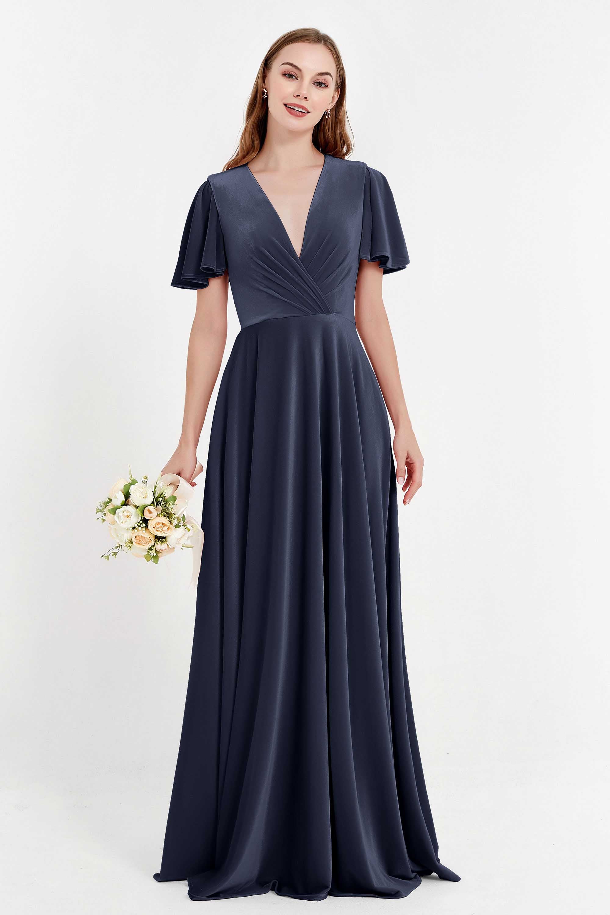 Velvet Women's Formal Evening Dresses Flutter Sleeves Mother of the Bride Dress Gowns