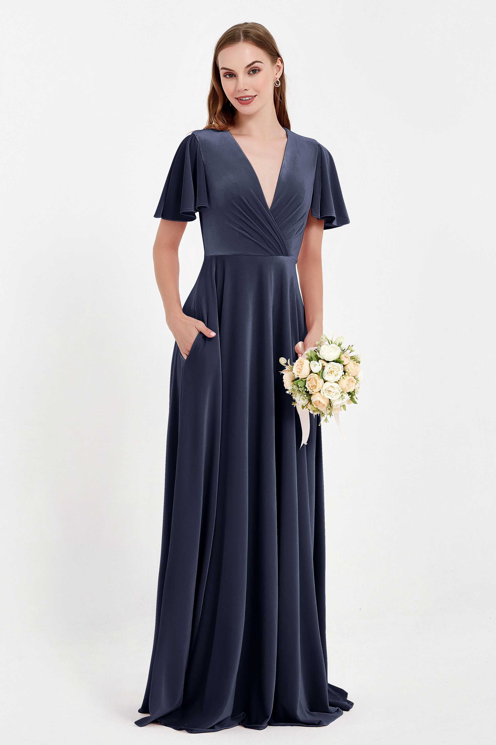 Velvet Women's Formal Evening Dresses Flutter Sleeves Mother of the Bride Dress Gowns