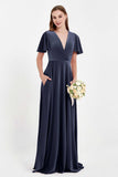 Velvet Women's Formal Evening Dresses Flutter Sleeves Mother of the Bride Dress Gowns