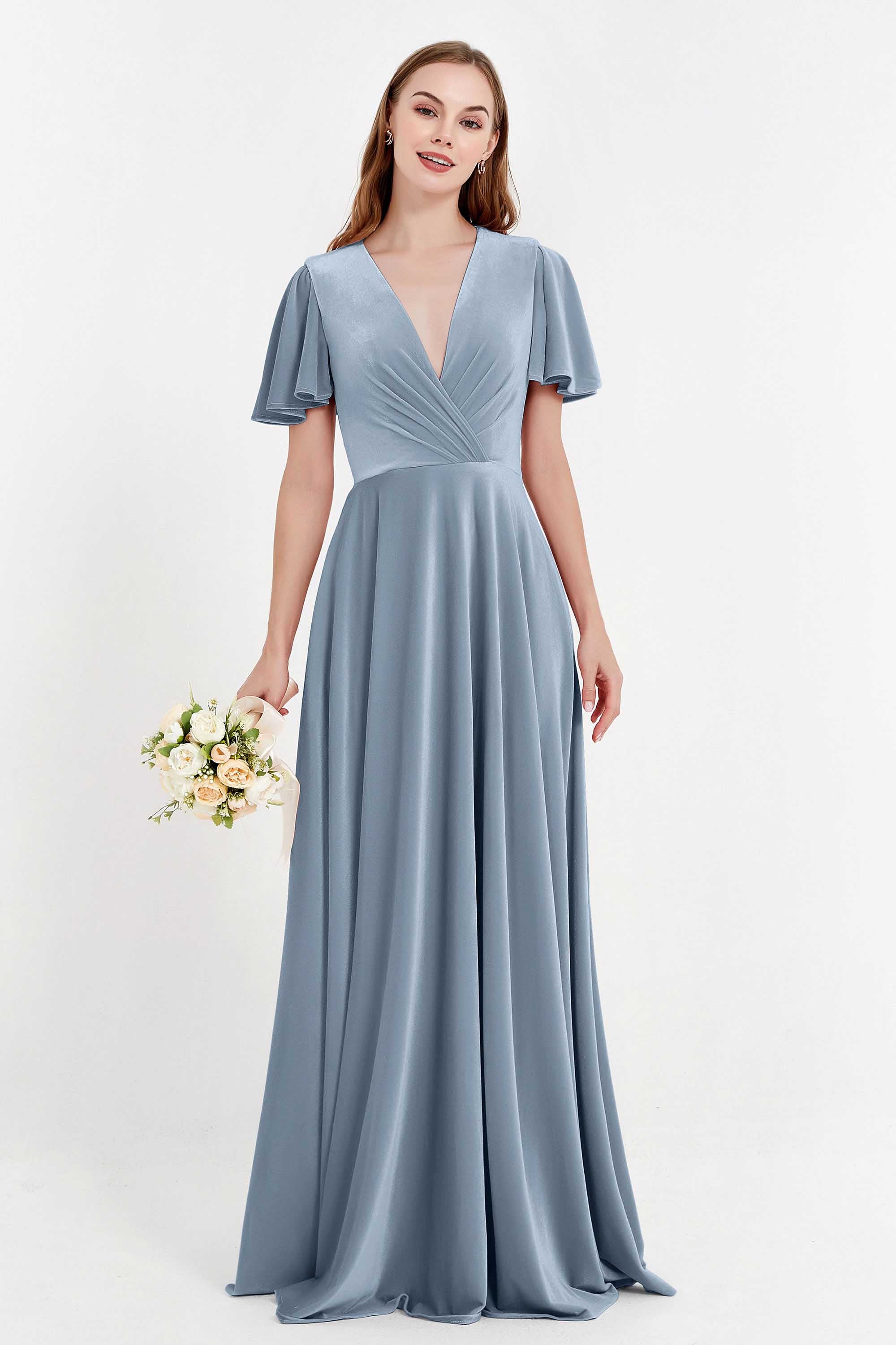 Velvet Women's Formal Evening Dresses Flutter Sleeves Mother of the Bride Dress Gowns