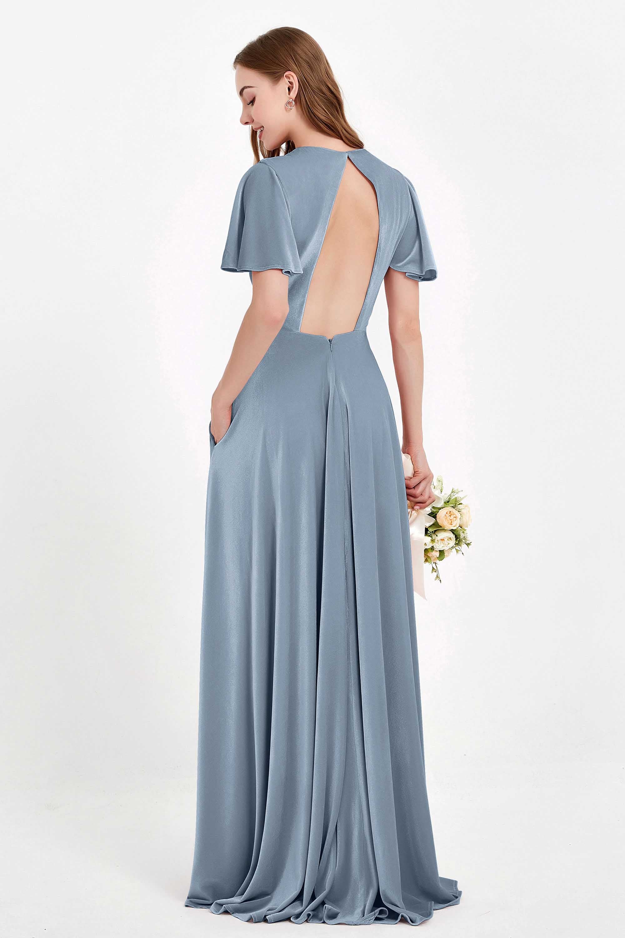 Velvet Women's Formal Evening Dresses Flutter Sleeves Mother of the Bride Dress Gowns