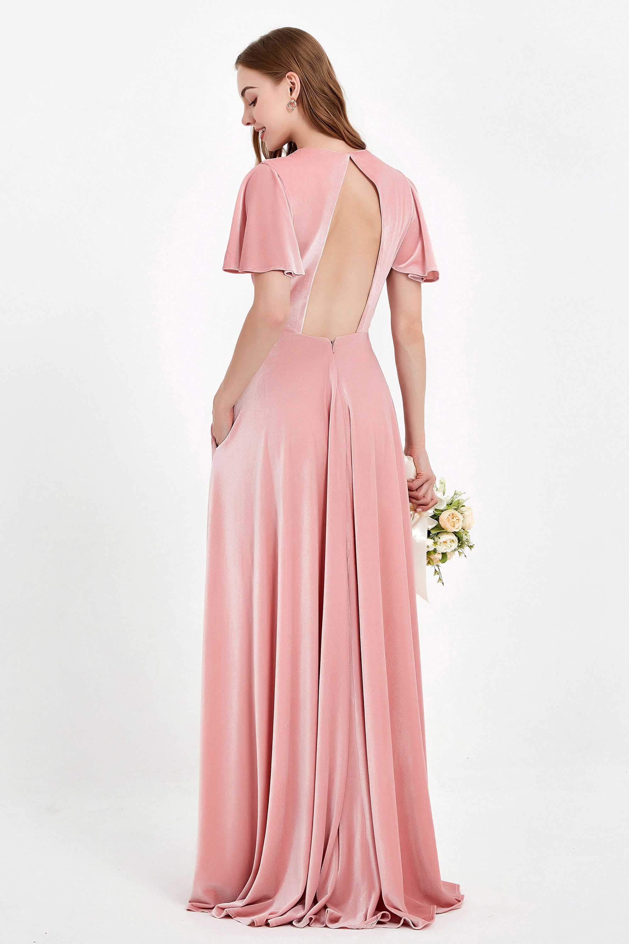 Velvet Women's Formal Evening Dresses Flutter Sleeves Mother of the Bride Dress Gowns
