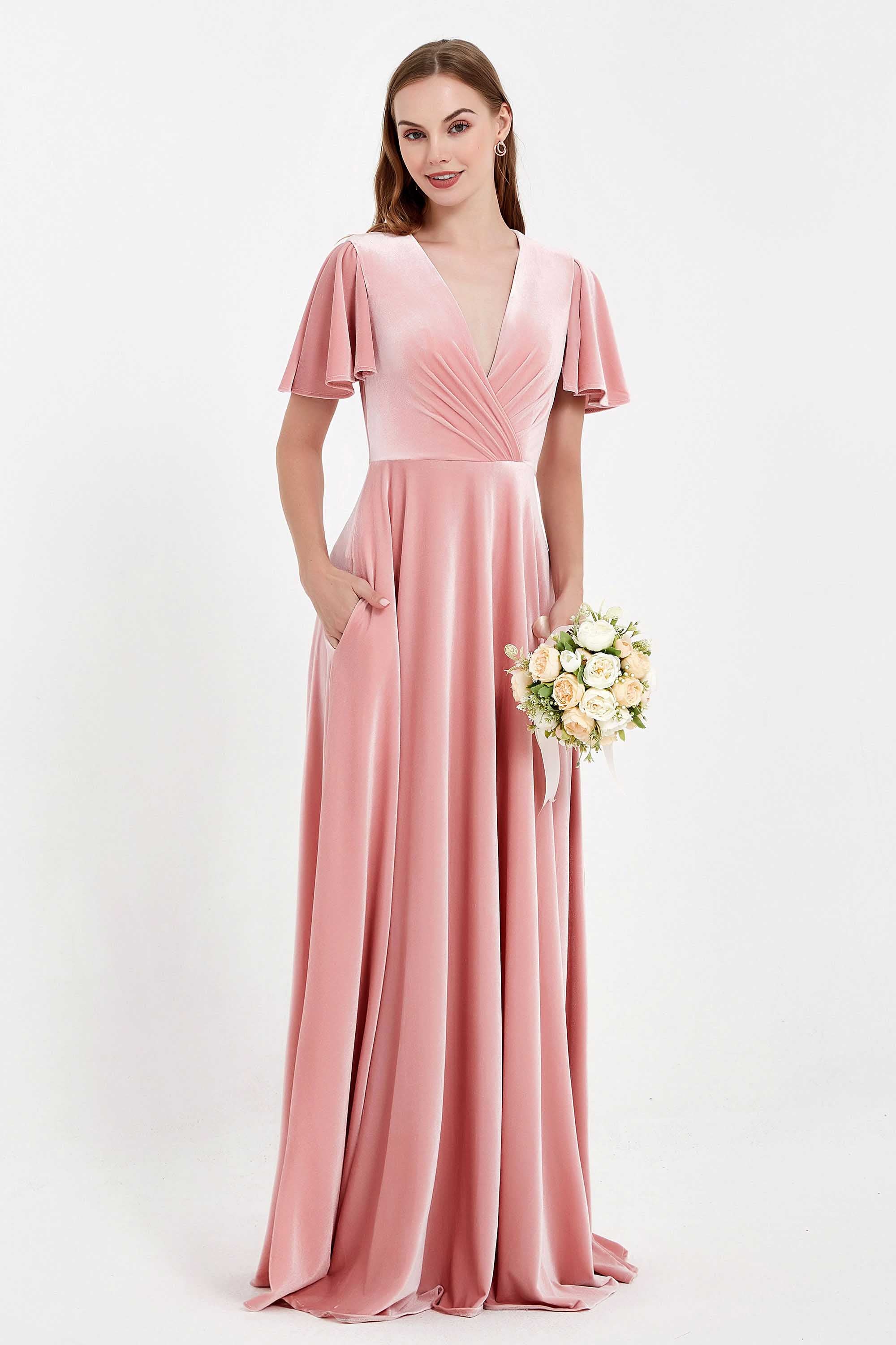 Velvet Women's Formal Evening Dresses Flutter Sleeves Mother of the Bride Dress Gowns
