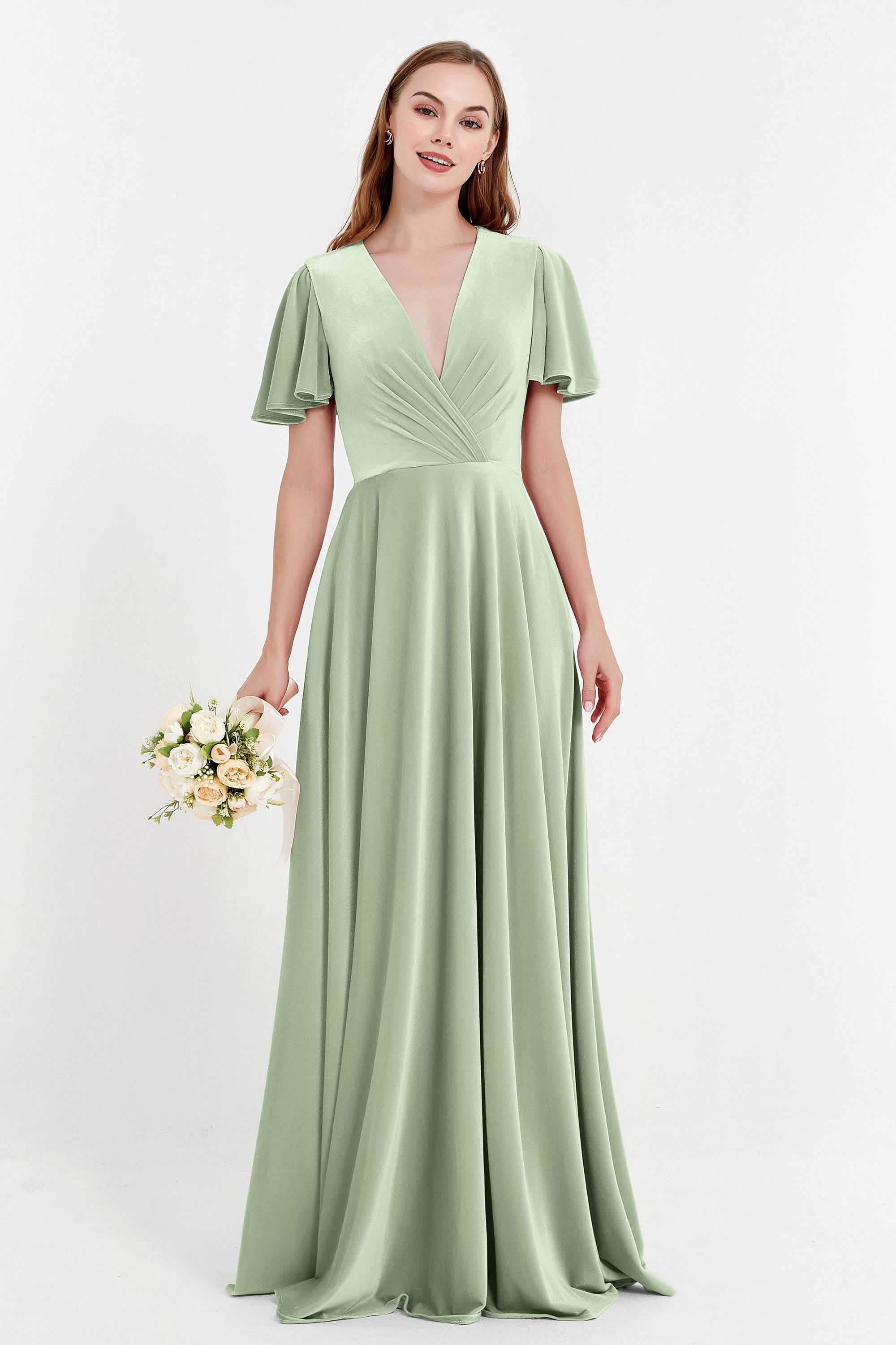 Velvet Women's Formal Evening Dresses Flutter Sleeves Mother of the Bride Dress Gowns
