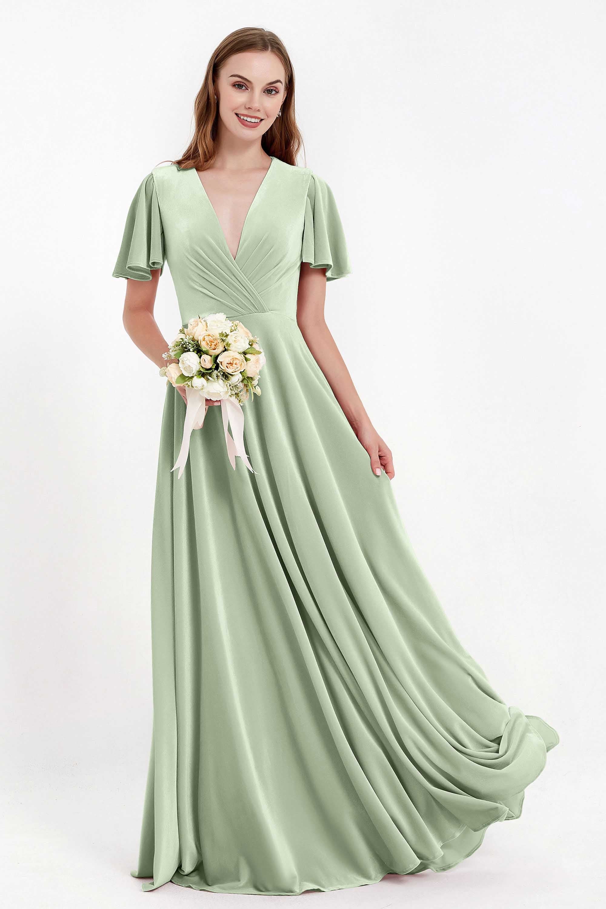 Velvet Women's Formal Evening Dresses Flutter Sleeves Mother of the Bride Dress Gowns