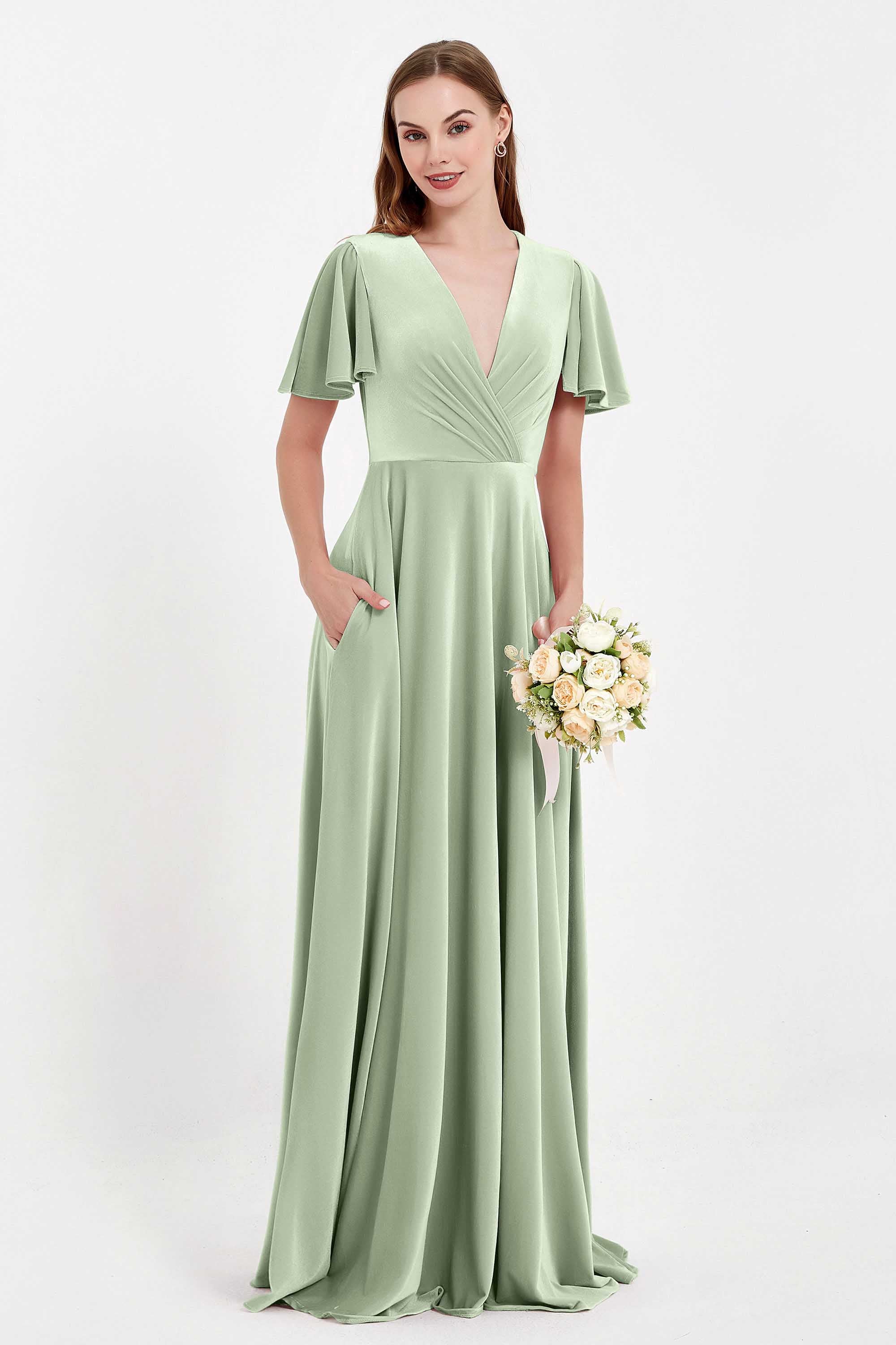 Velvet Women's Formal Evening Dresses Flutter Sleeves Mother of the Bride Dress Gowns