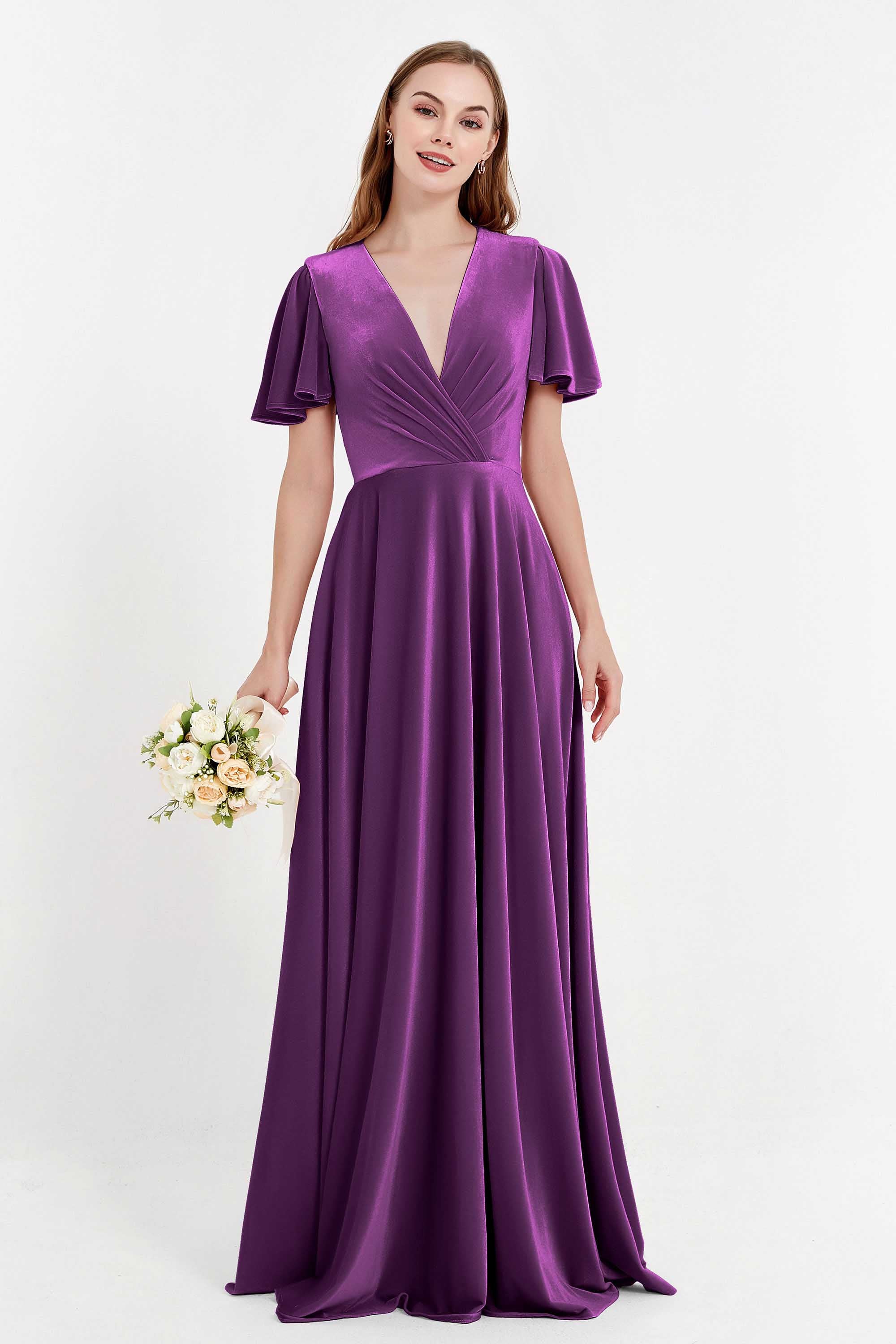 Velvet Women's Formal Evening Dresses Flutter Sleeves Mother of the Bride Dress Gowns
