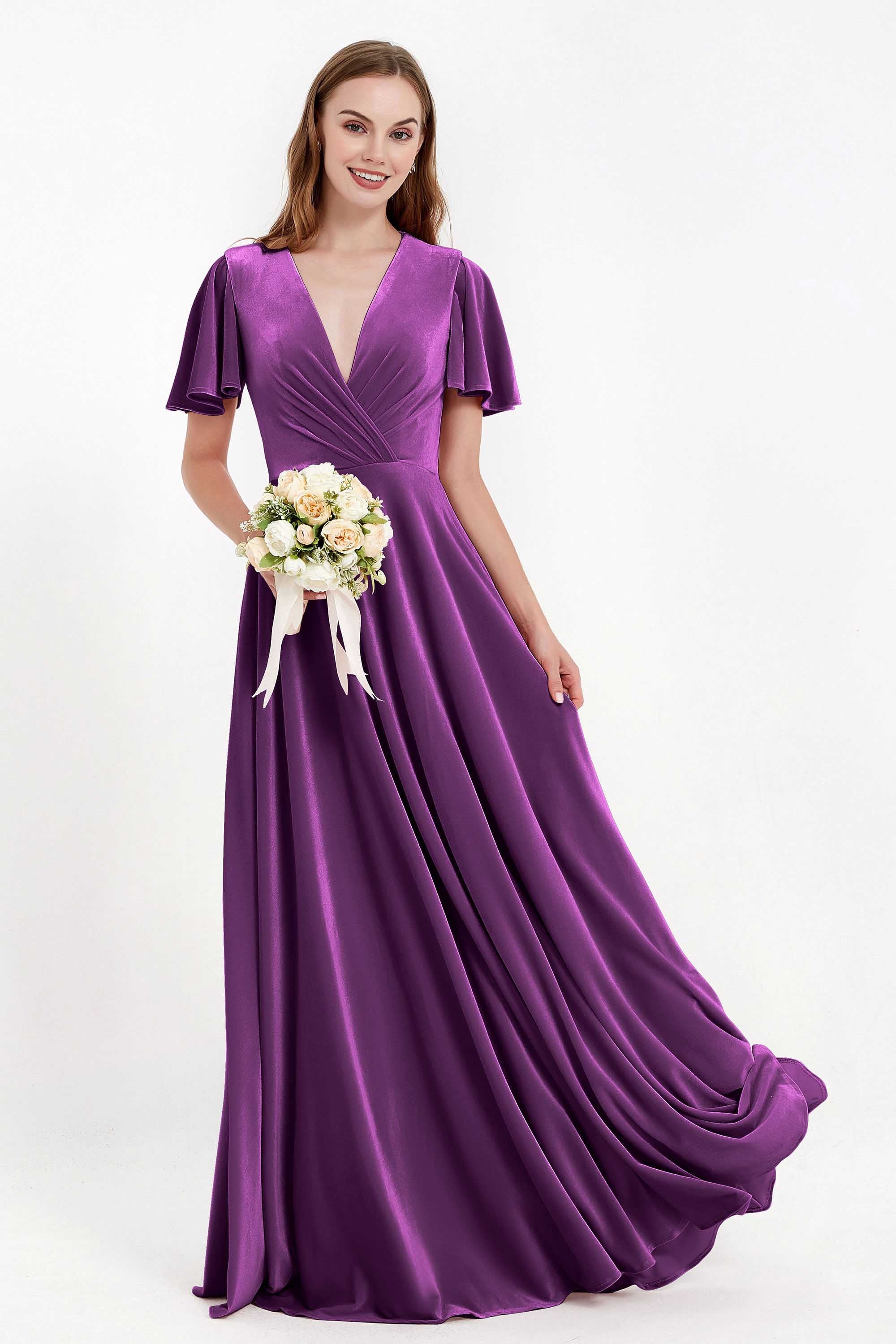 Velvet Women's Formal Evening Dresses Flutter Sleeves Mother of the Bride Dress Gowns