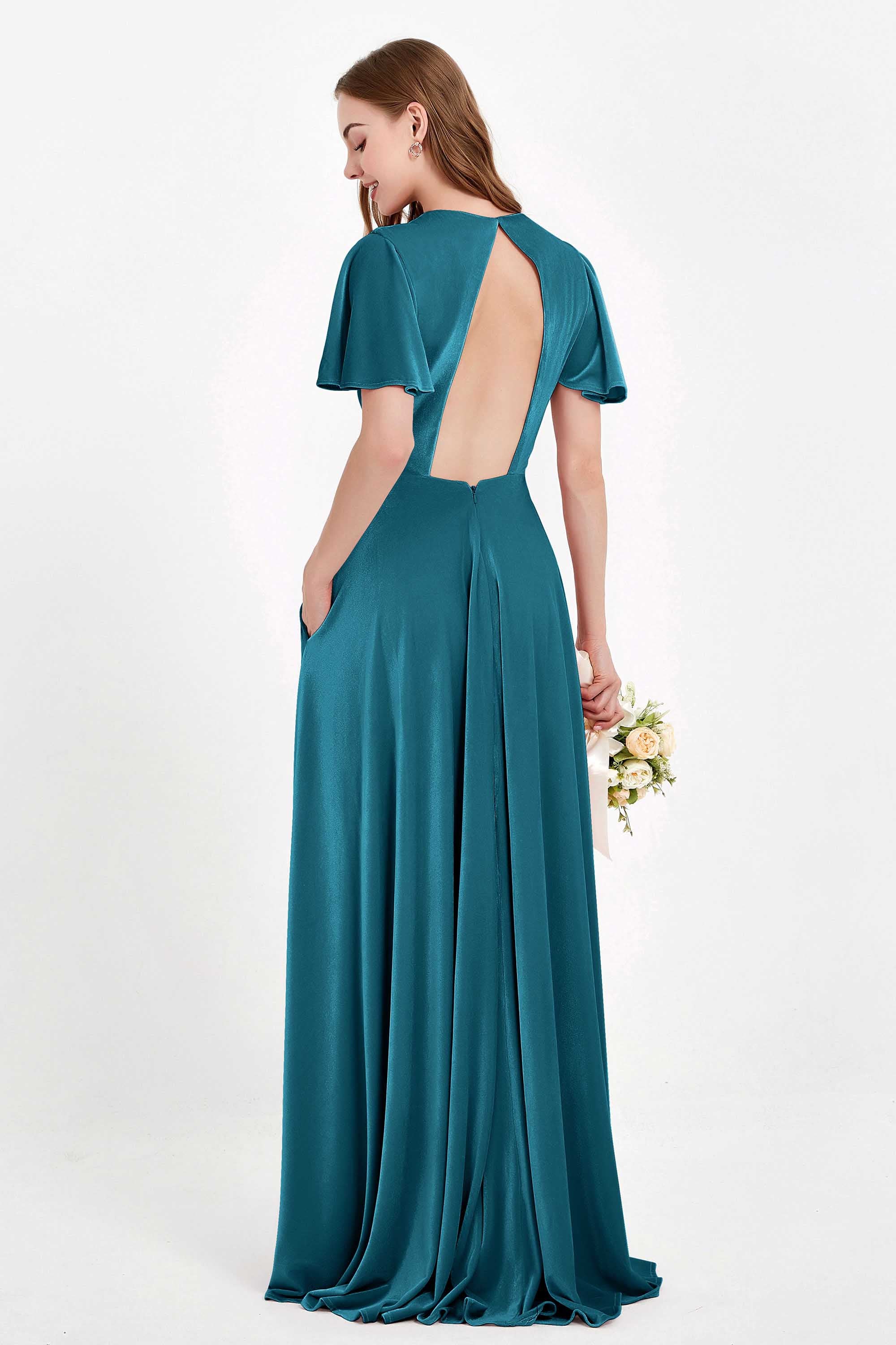 Velvet Women's Formal Evening Dresses Flutter Sleeves Mother of the Bride Dress Gowns