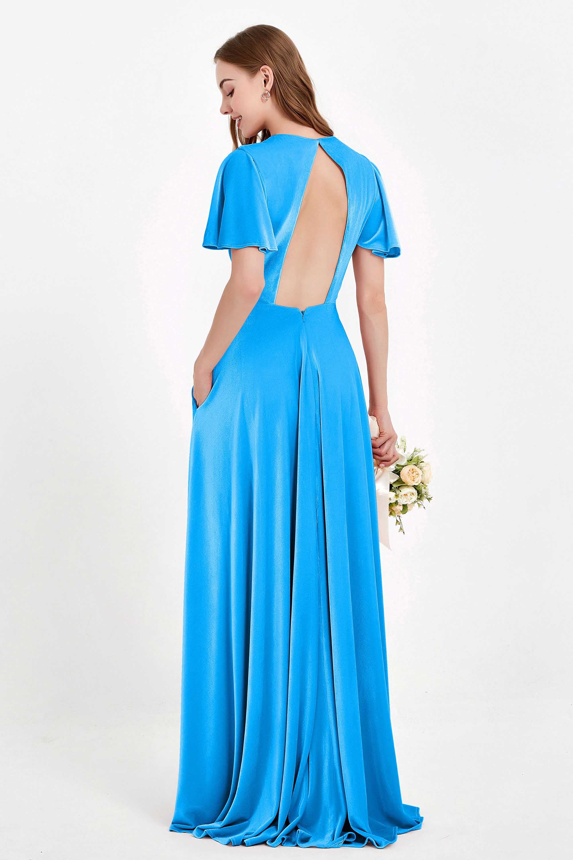 Velvet Women's Formal Evening Dresses Flutter Sleeves Mother of the Bride Dress Gowns
