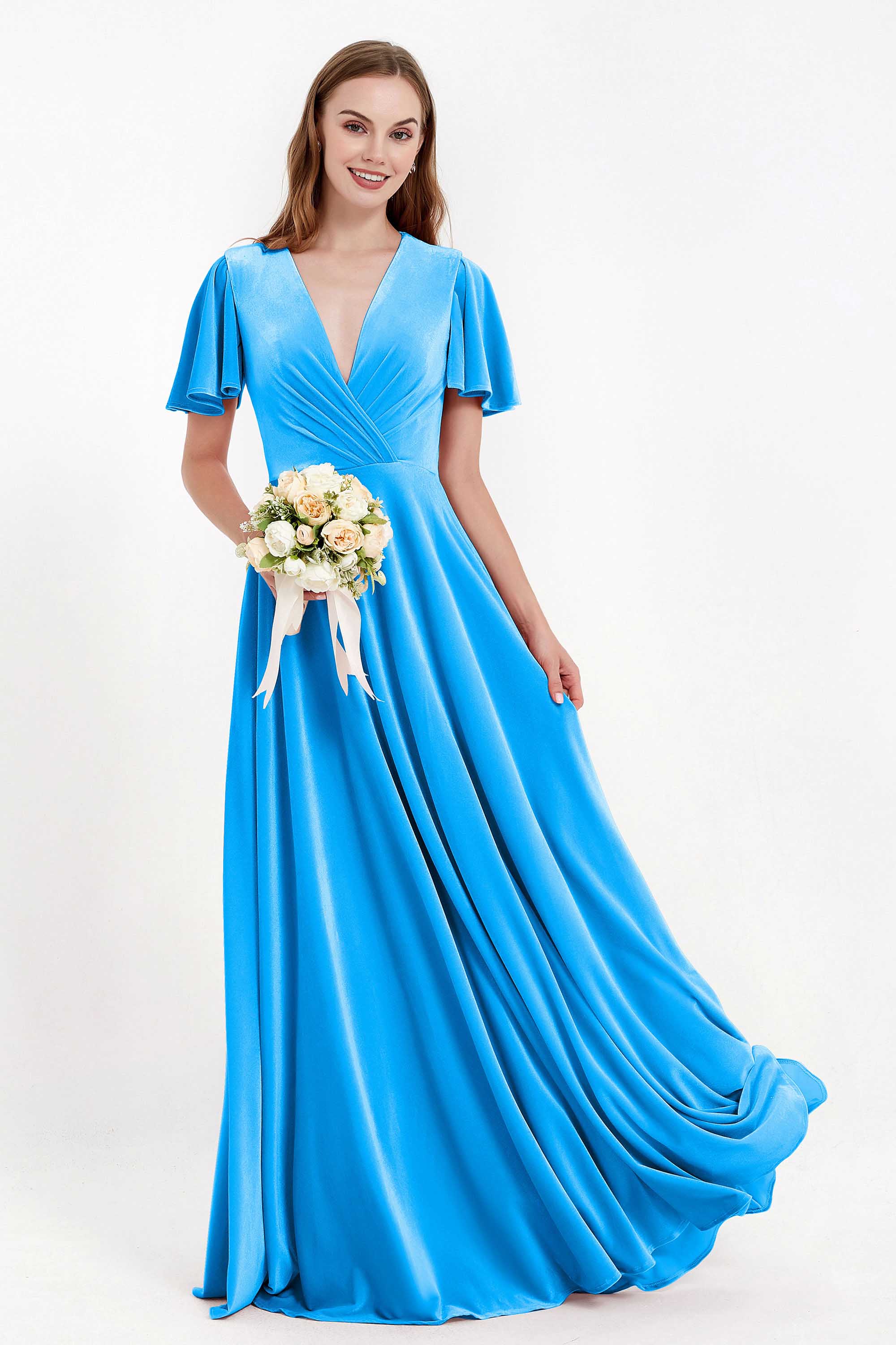 Velvet Women's Formal Evening Dresses Flutter Sleeves Mother of the Bride Dress Gowns