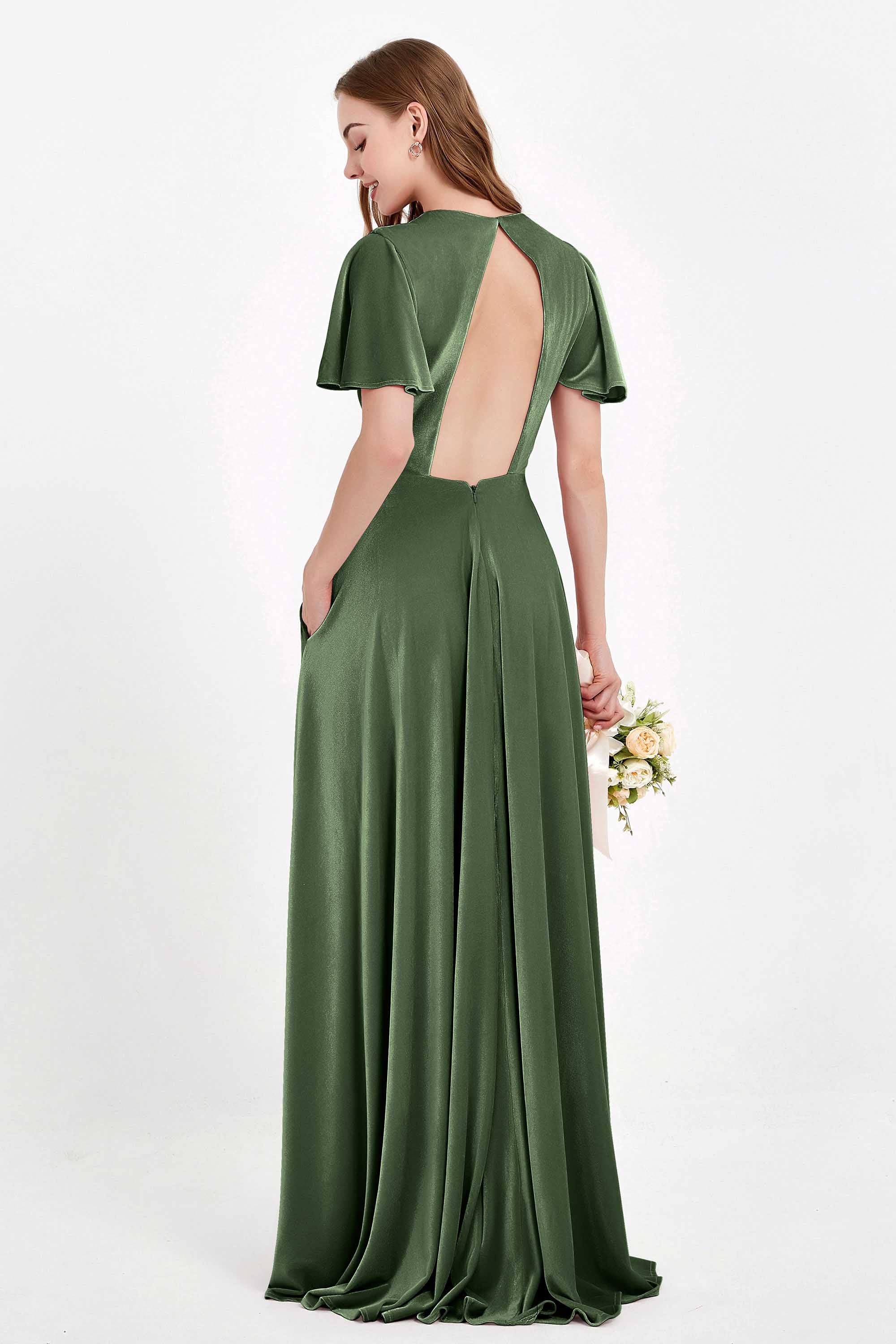 Velvet Women's Formal Evening Dresses Flutter Sleeves Mother of the Bride Dress Gowns