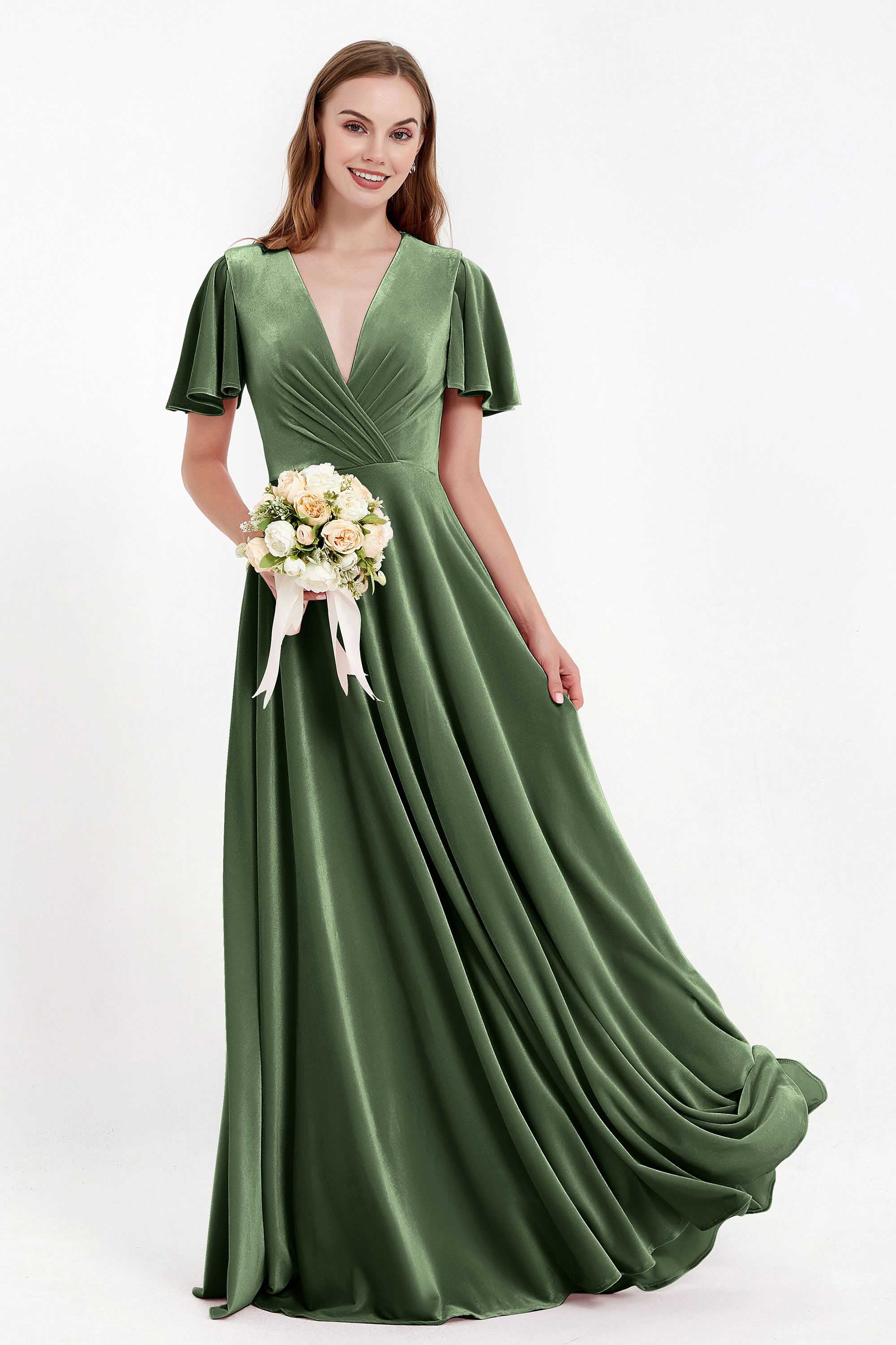 Velvet Women's Formal Evening Dresses Flutter Sleeves Mother of the Bride Dress Gowns
