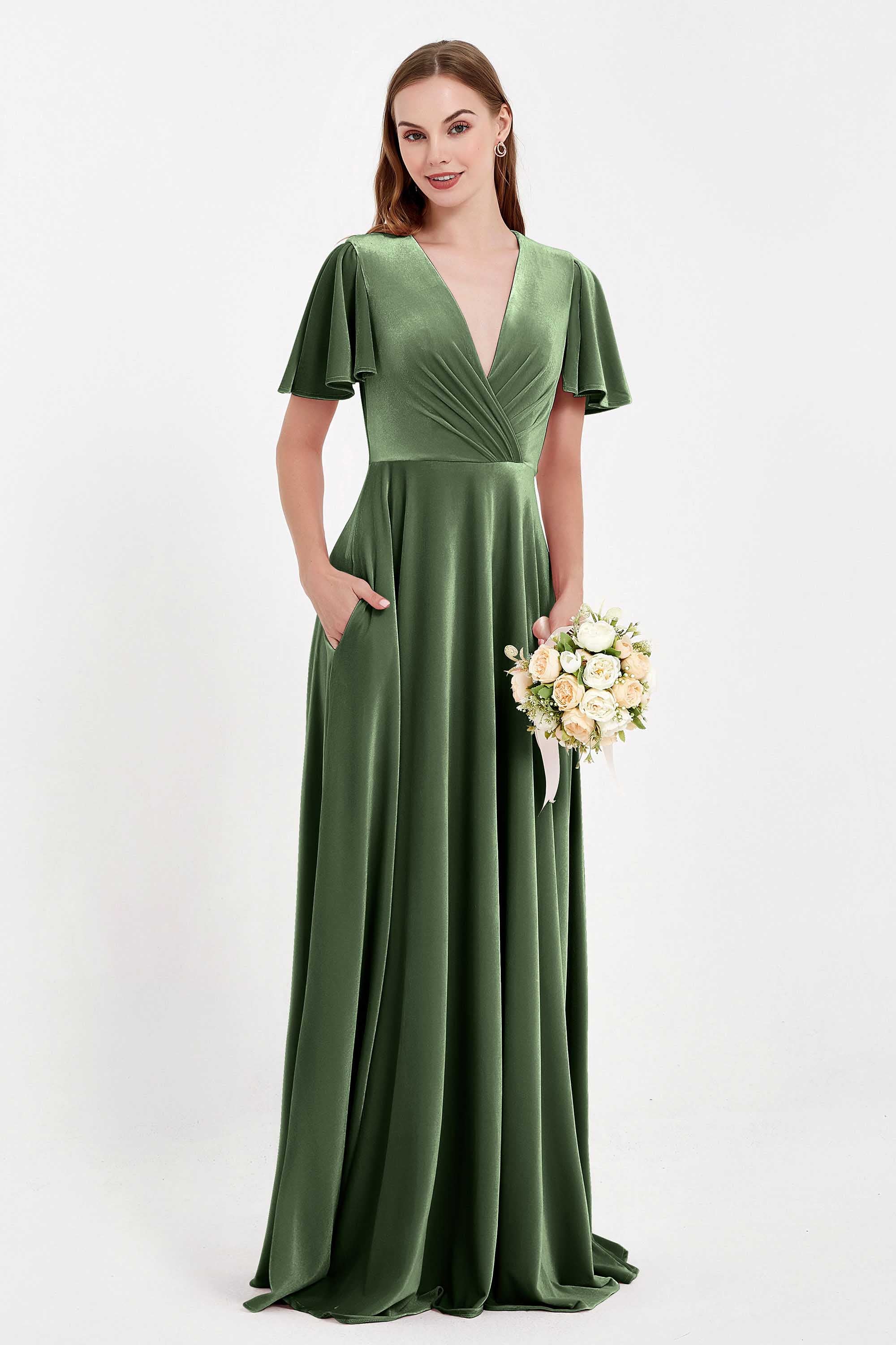 Velvet Women's Formal Evening Dresses Flutter Sleeves Mother of the Bride Dress Gowns