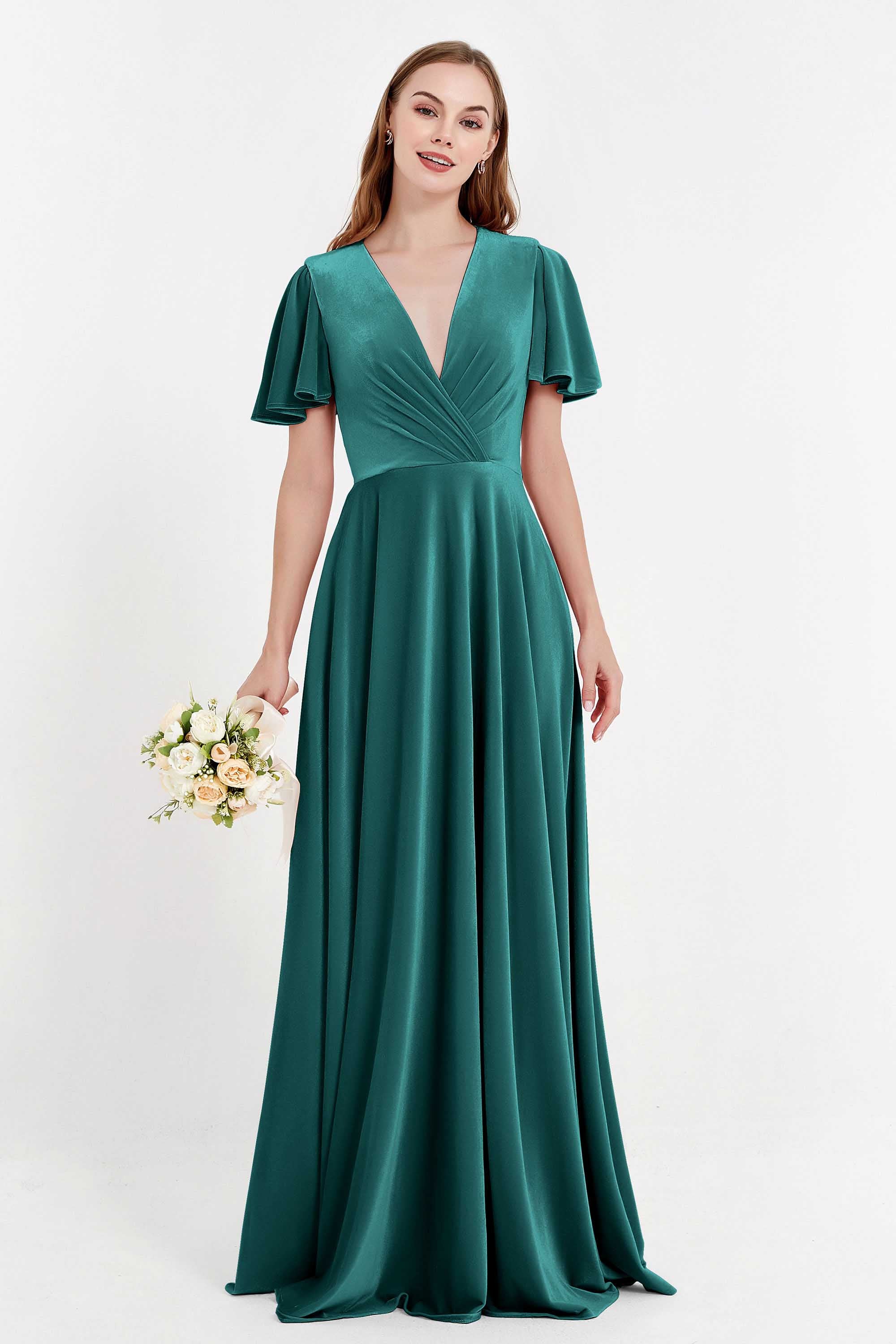 Velvet Women's Formal Evening Dresses Flutter Sleeves Mother of the Bride Dress Gowns