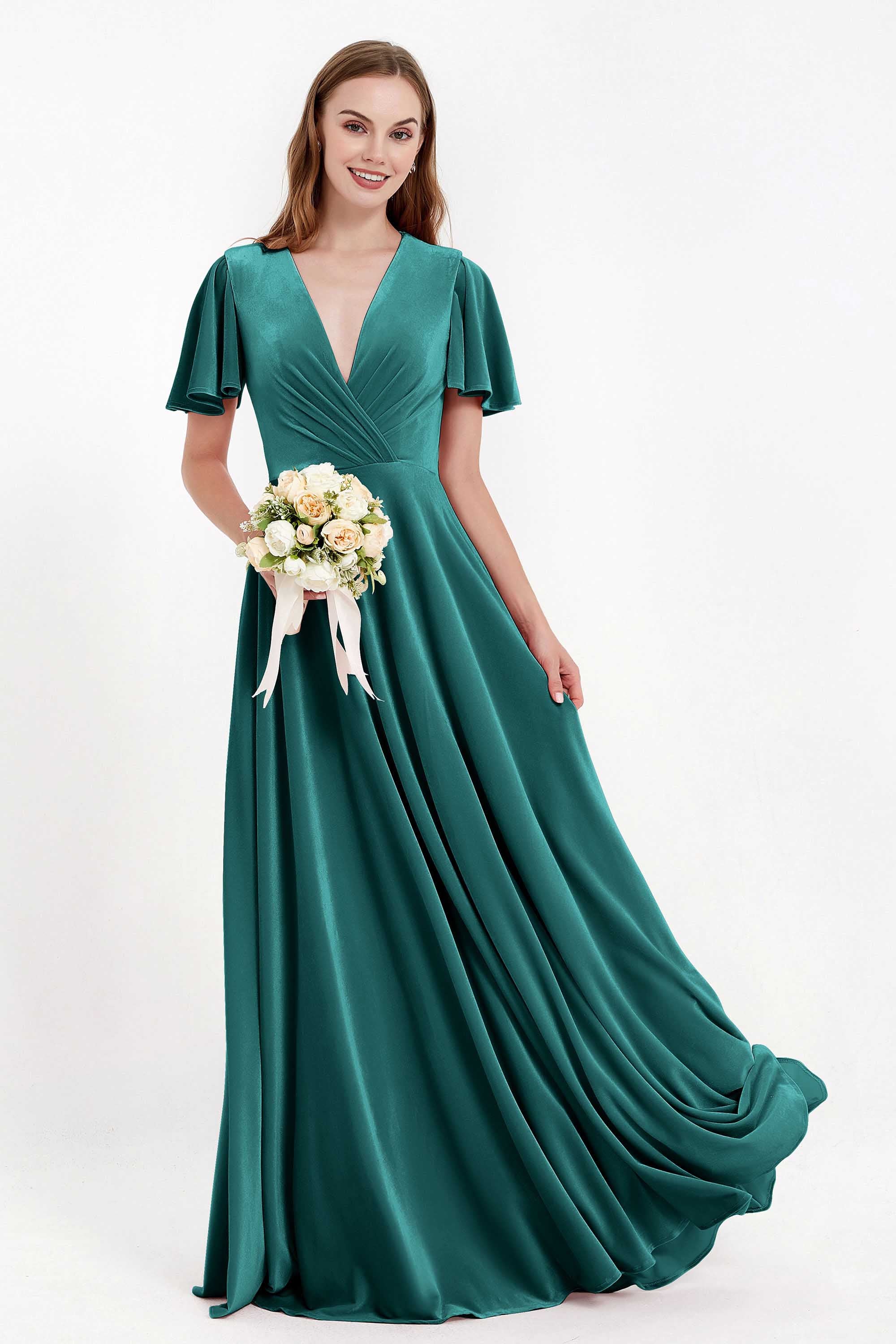 Velvet Women's Formal Evening Dresses Flutter Sleeves Mother of the Bride Dress Gowns
