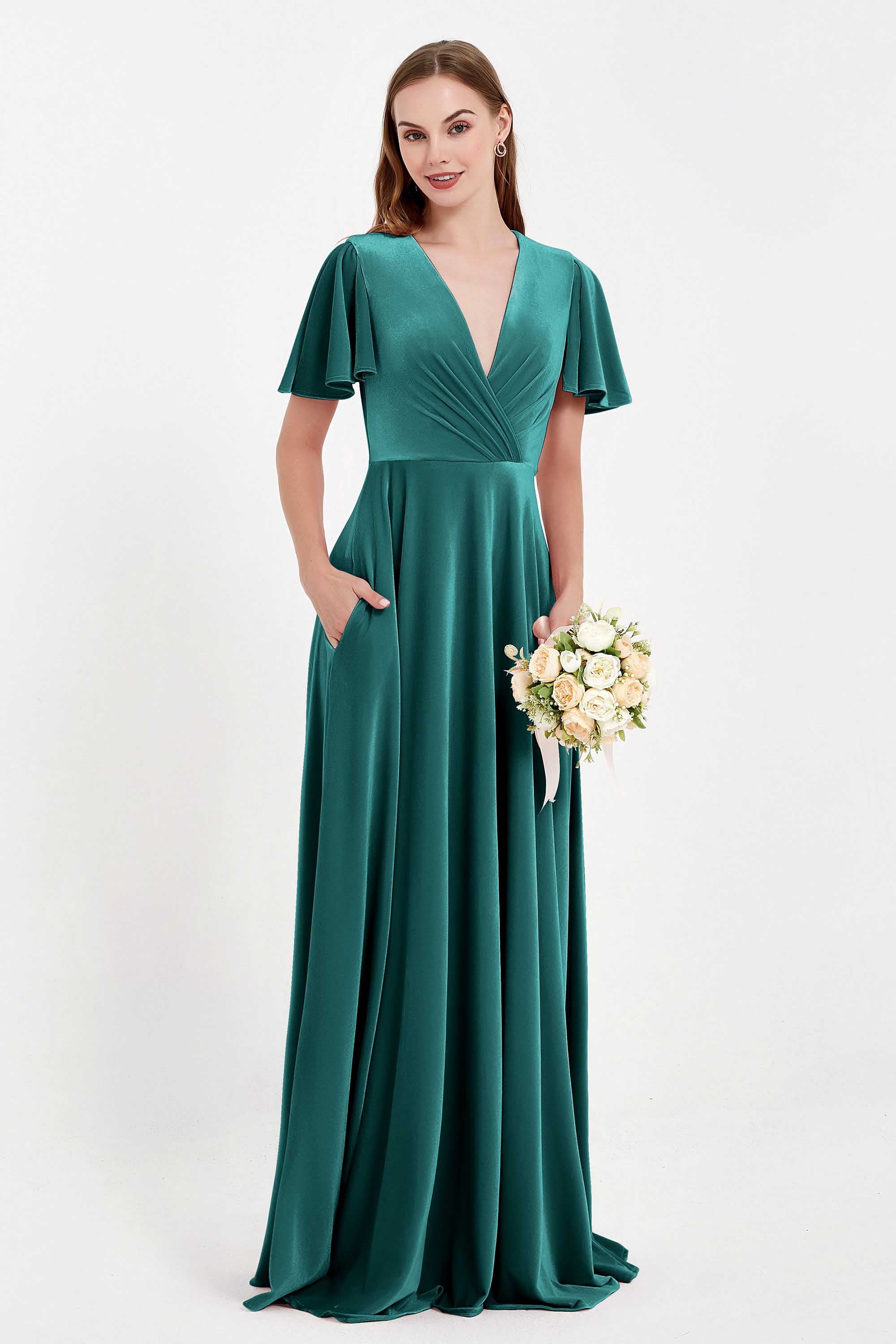 Velvet Women's Formal Evening Dresses Flutter Sleeves Mother of the Bride Dress Gowns