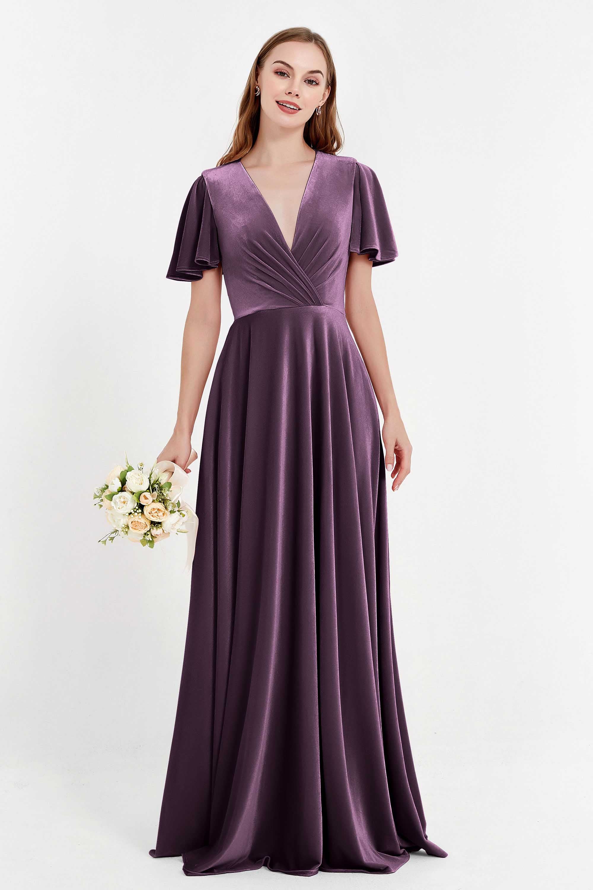 Velvet Women's Formal Evening Dresses Flutter Sleeves Mother of the Bride Dress Gowns